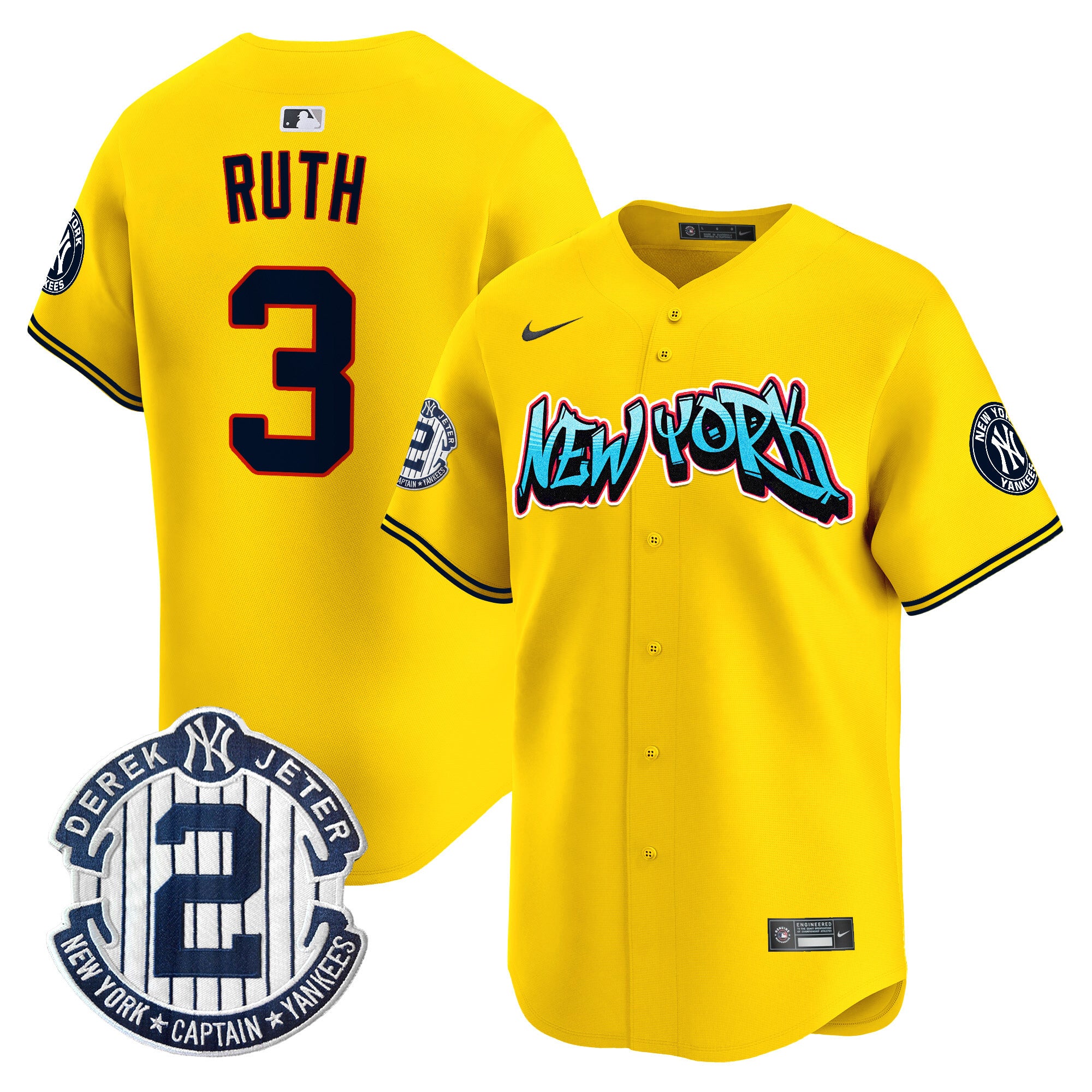 Men's New York Yankees Graffiti Vapor Premier Limited Jersey - All Stitched - Gold, Babe Ruth
