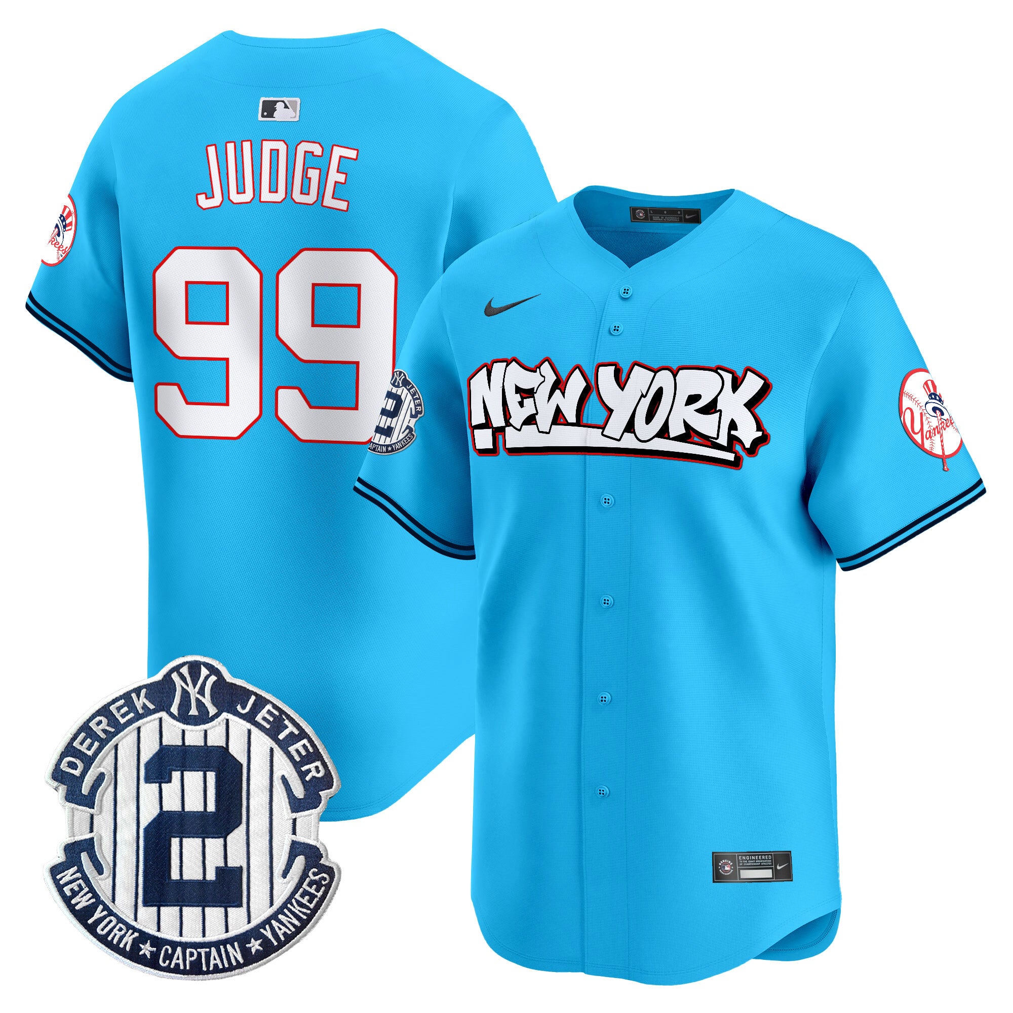 Men's New York Yankees Graffiti Vapor Premier Limited Jersey V2 - All Stitched - Light Blue, Aaron Judge