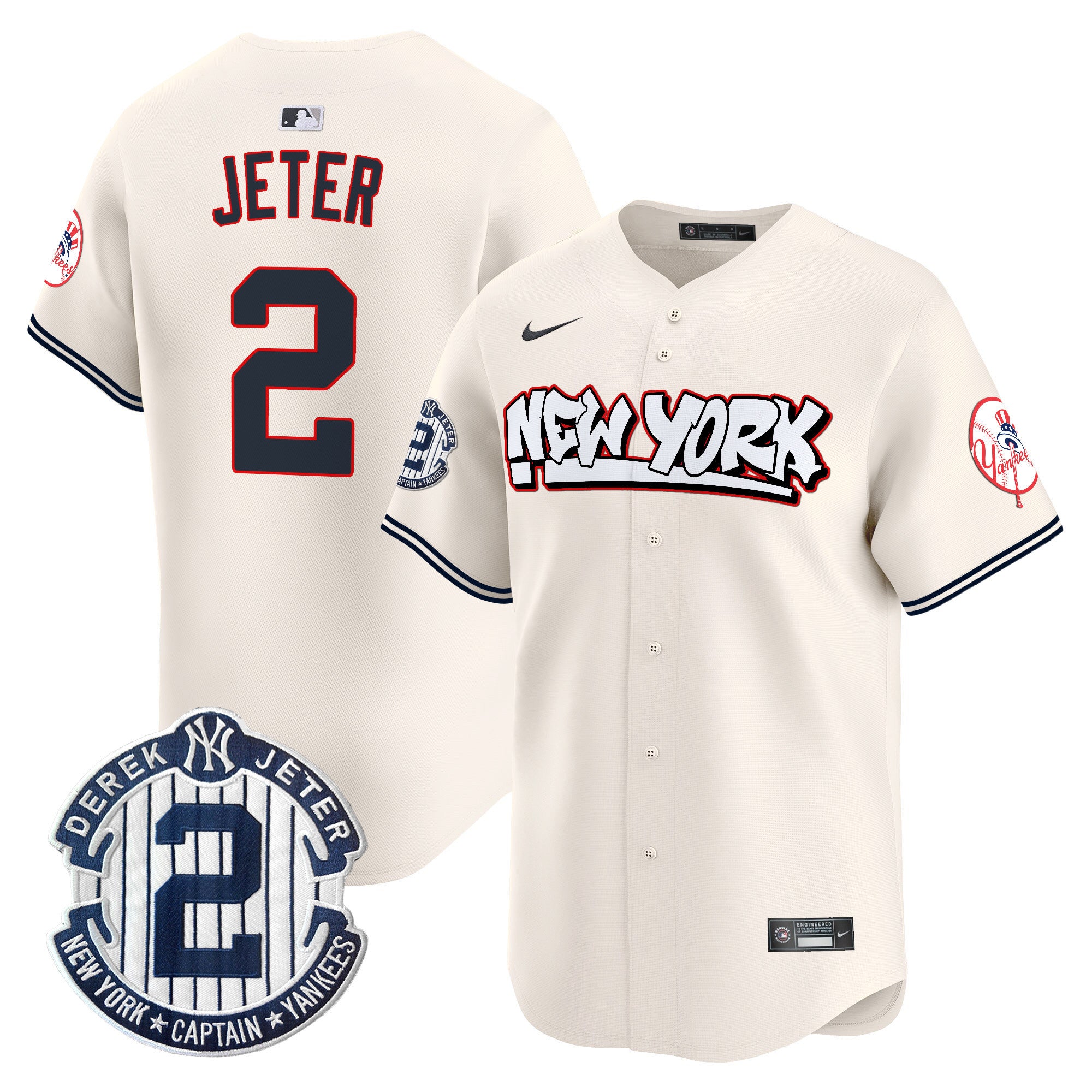 Men's New York Yankees Graffiti Vapor Premier Limited Jersey V2 - All Stitched - Cream, Derek Jeter