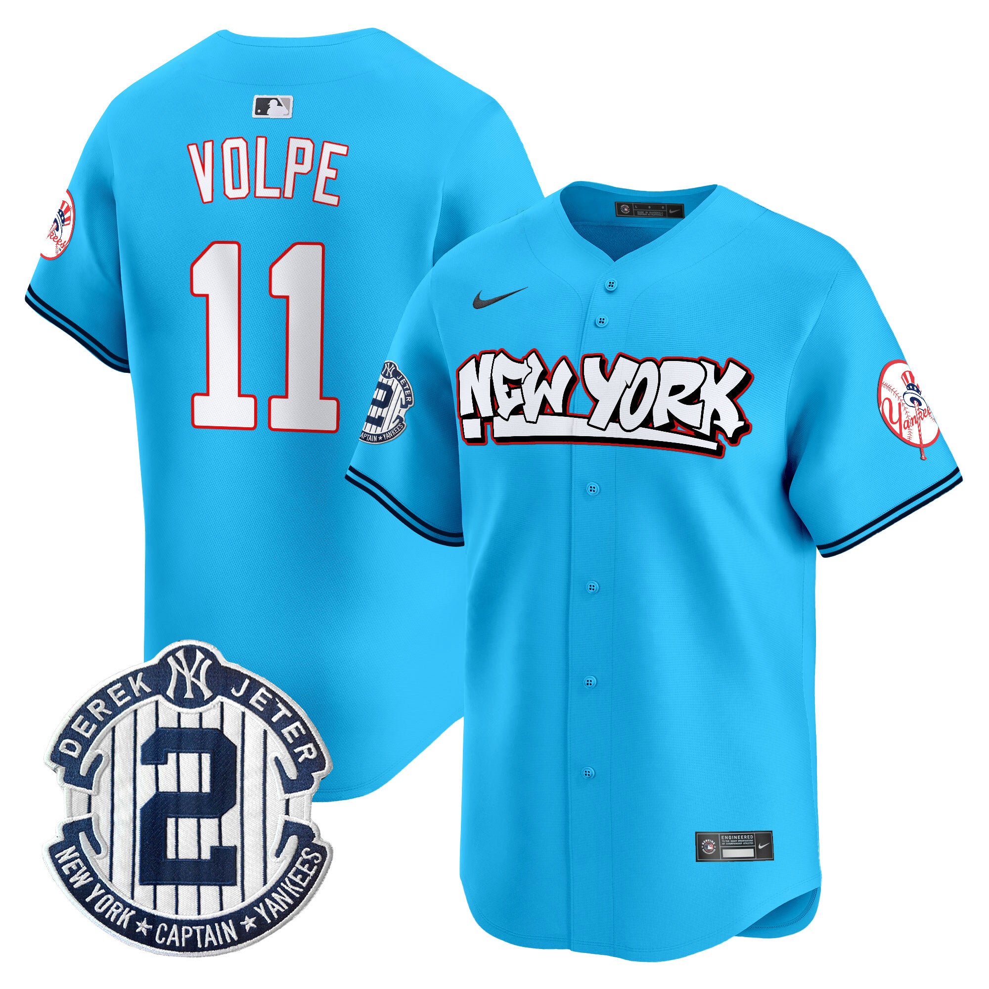 Men's New York Yankees Graffiti Vapor Premier Limited Jersey V2 - All Stitched - Light Blue, Anthony Volpe