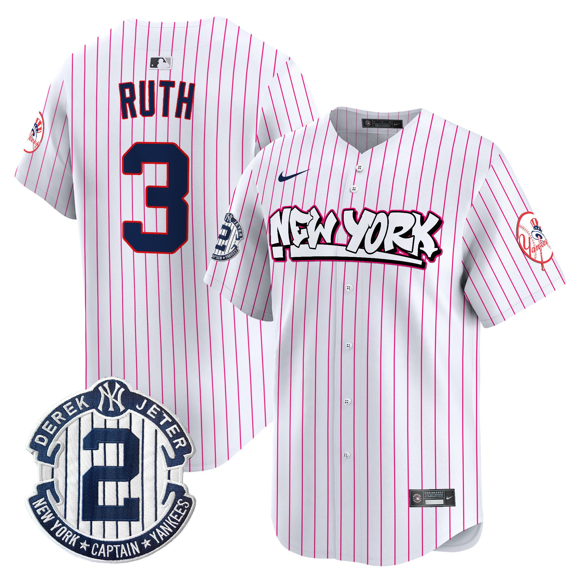 Men's New York Yankees Graffiti Vapor Premier Limited Jersey V2 - All Stitched - Pink Stripe, Babe Ruth
