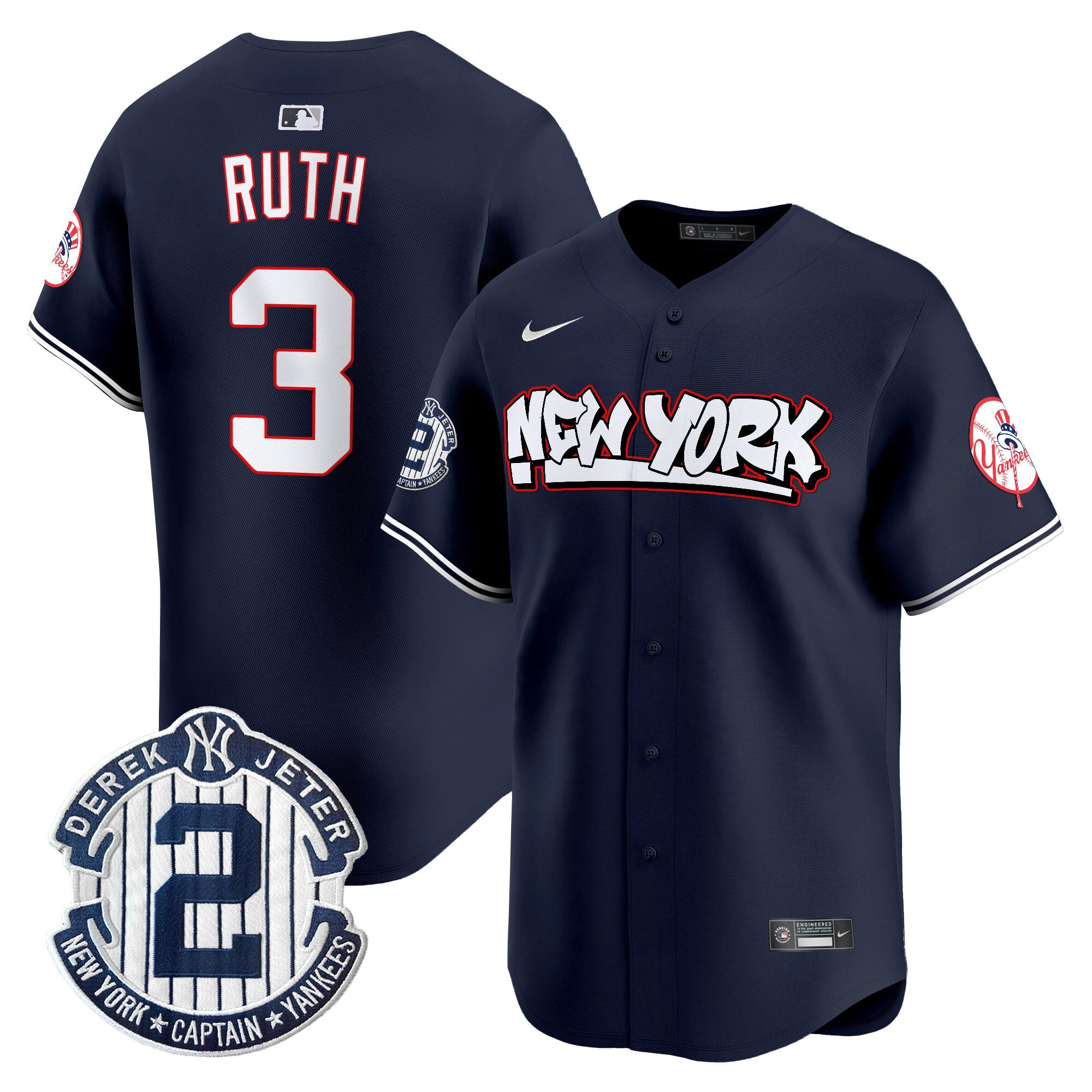 Men's New York Yankees Graffiti Vapor Premier Limited Jersey V2 - All Stitched - Navy, Babe Ruth