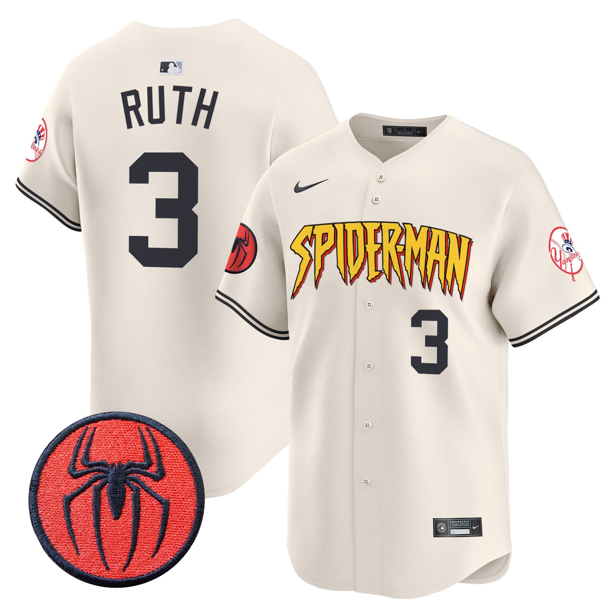 Men's New York Yankees Spider-Man Vapor Premier Limited Jersey - All Stitched - Cream, Babe Ruth