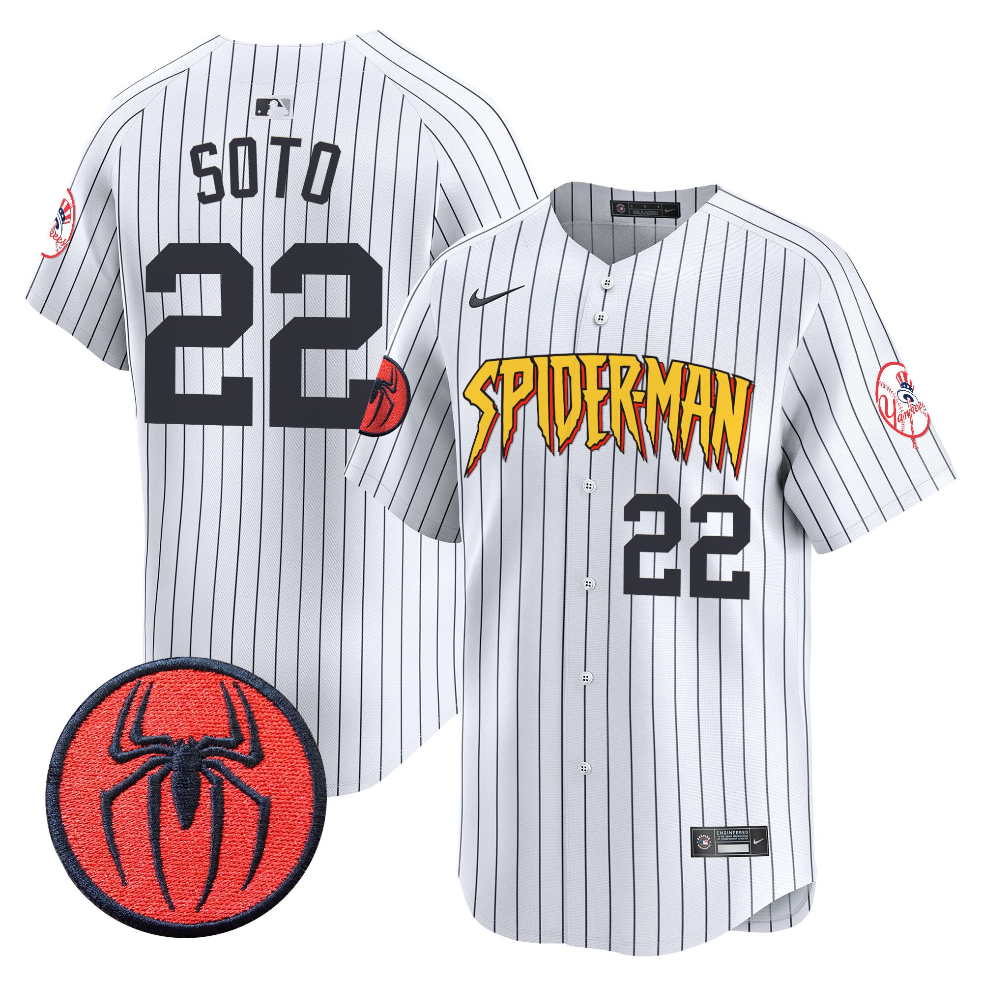 Men's New York Yankees Spider-Man Vapor Premier Limited Jersey - All Stitched - Pinstripe, Juan Soto