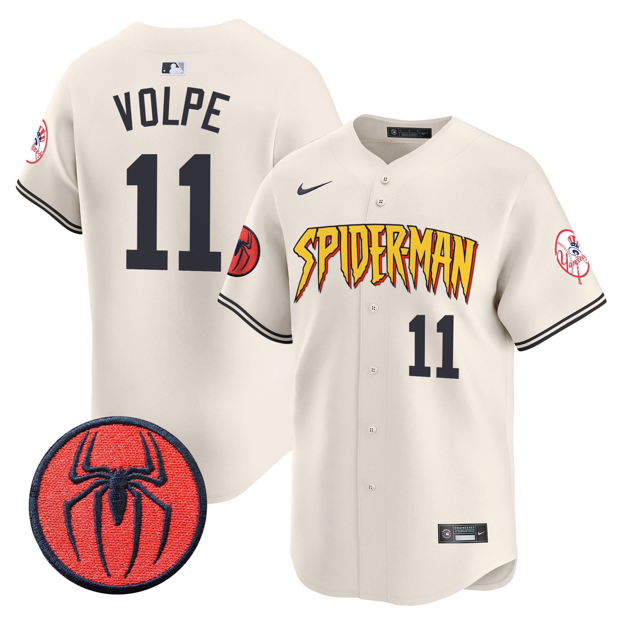 Men's New York Yankees Spider-Man Vapor Premier Limited Jersey - All Stitched - Cream, Anthony Volpe