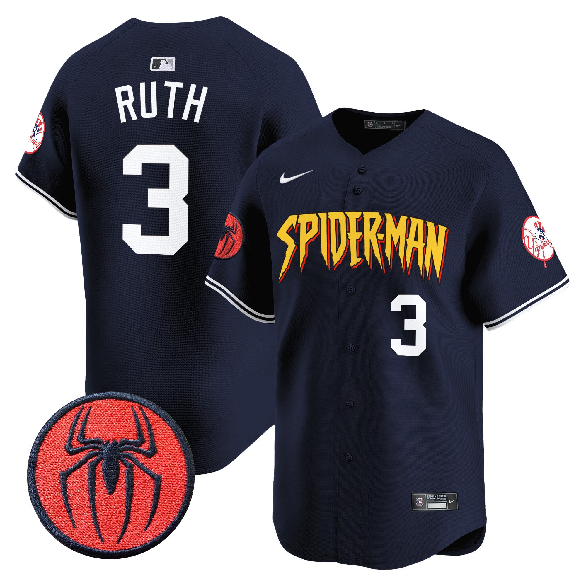 Men's New York Yankees Spider-Man Vapor Premier Limited Jersey - All Stitched - Alternate, Babe Ruth