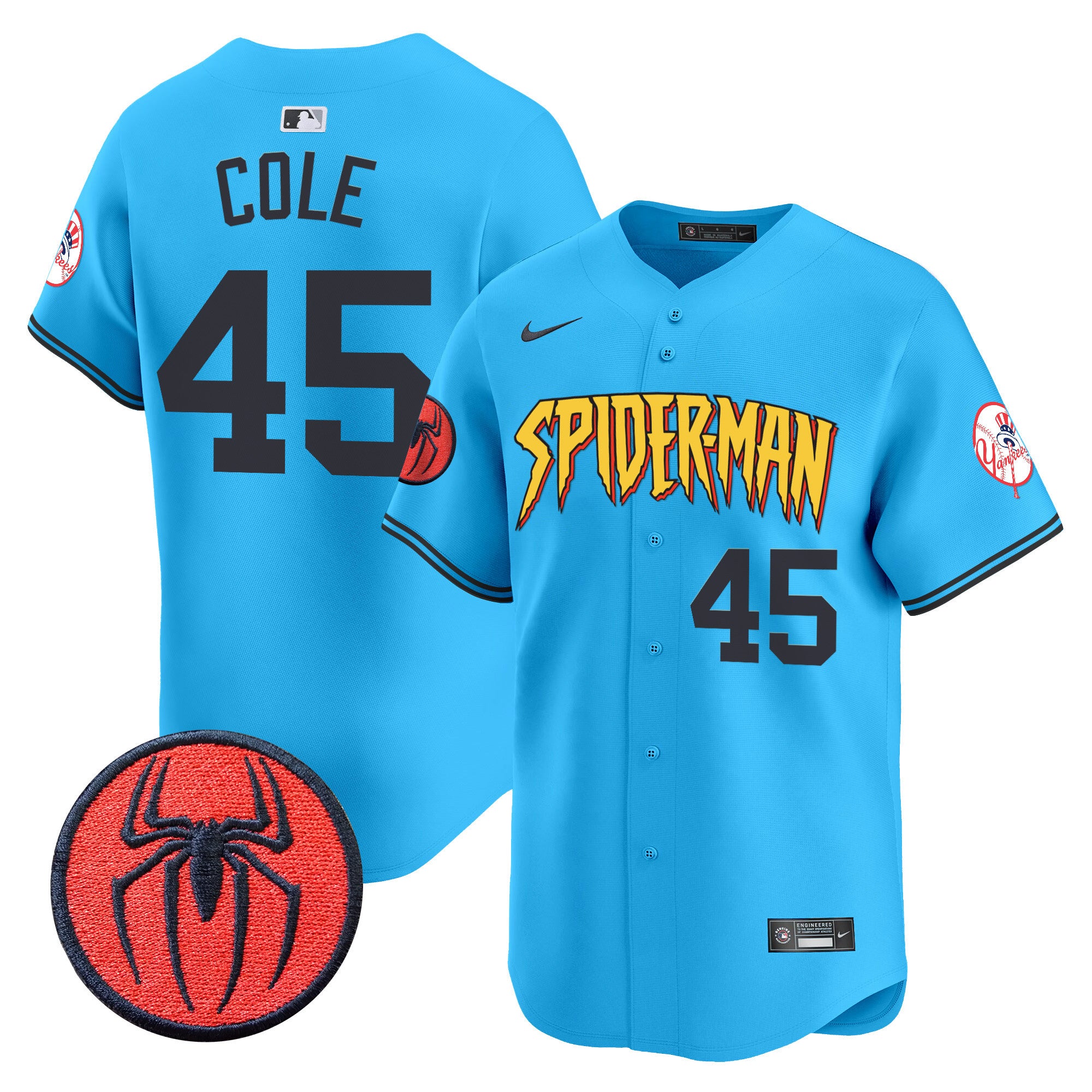 Men's New York Yankees Spider-Man Vapor Premier Limited Jersey - All Stitched - Light Blue, Gerrit Cole