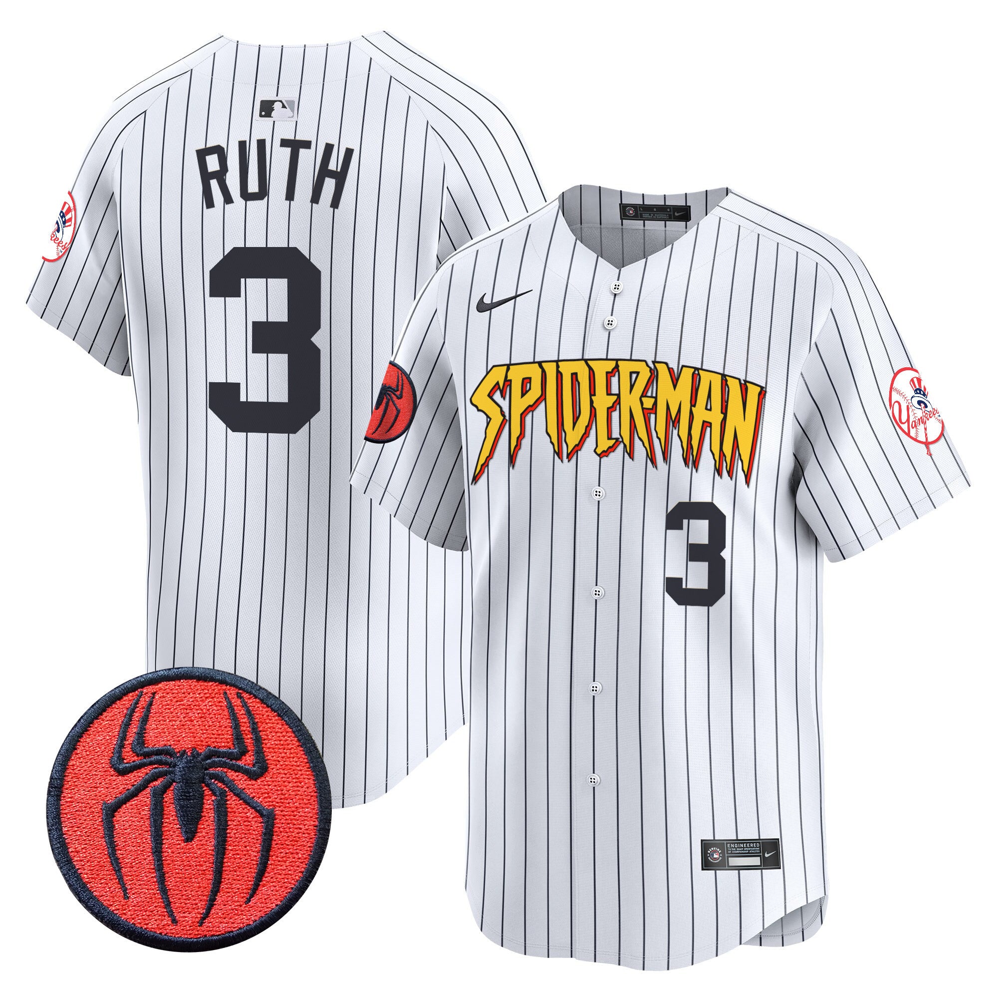Men's New York Yankees Spider-Man Vapor Premier Limited Jersey - All Stitched - Pinstripe, Babe Ruth