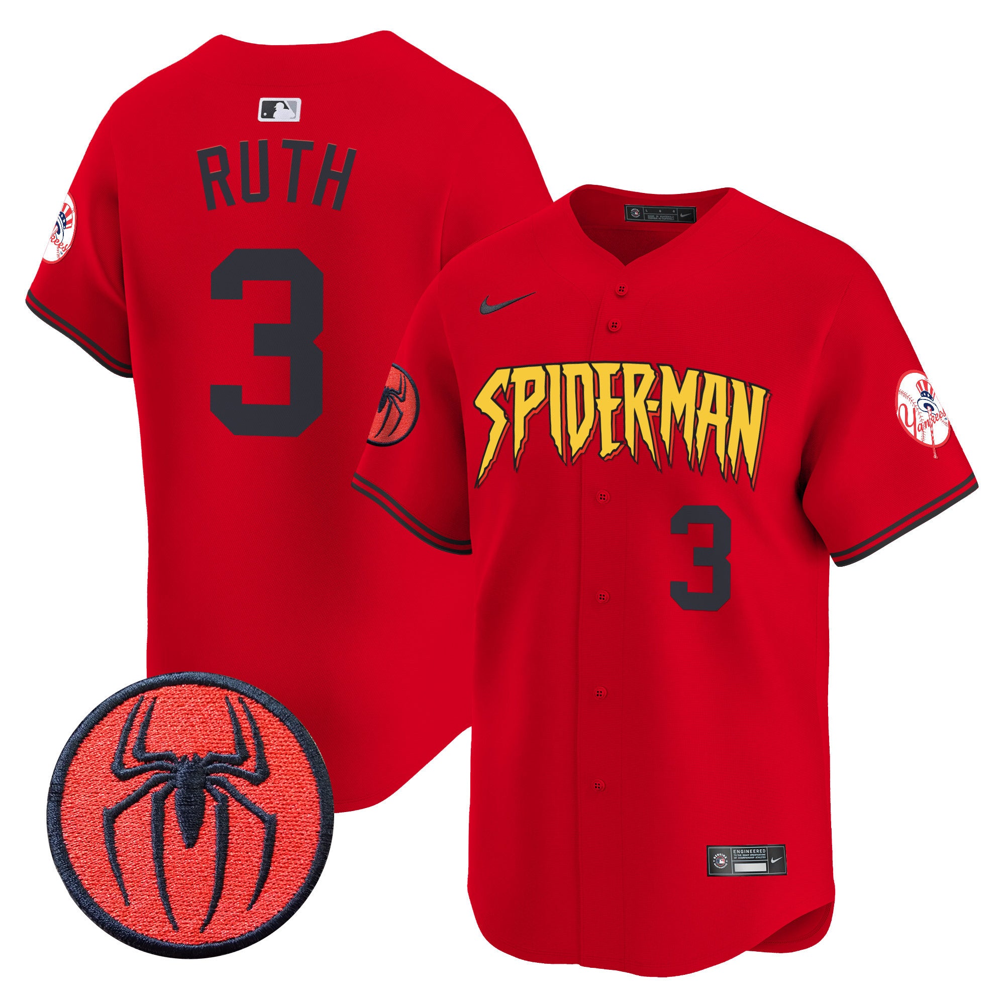 Men's New York Yankees Spider-Man Vapor Premier Limited Jersey - All Stitched - Red, Babe Ruth