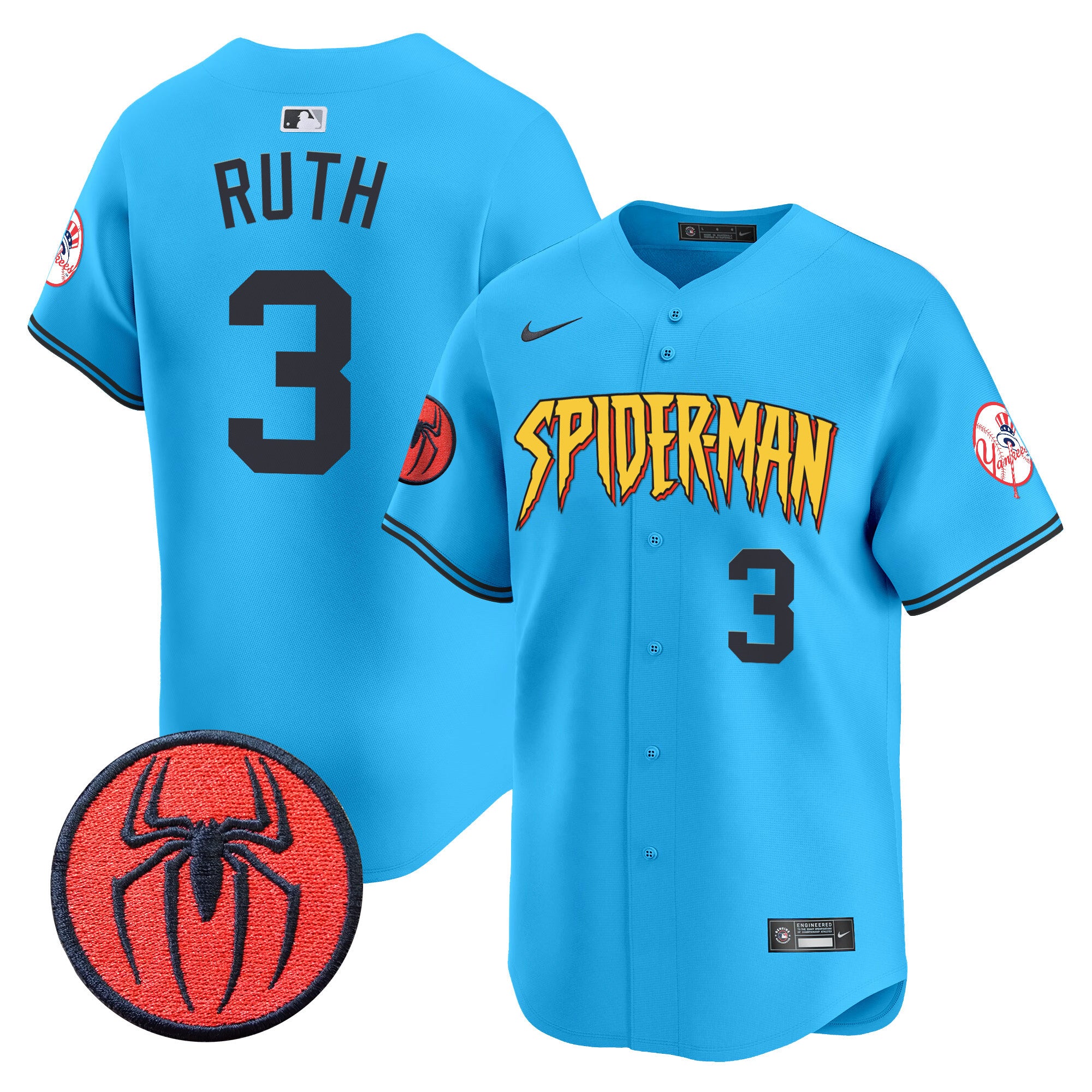 Men's New York Yankees Spider-Man Vapor Premier Limited Jersey - All Stitched - Light Blue, Babe Ruth