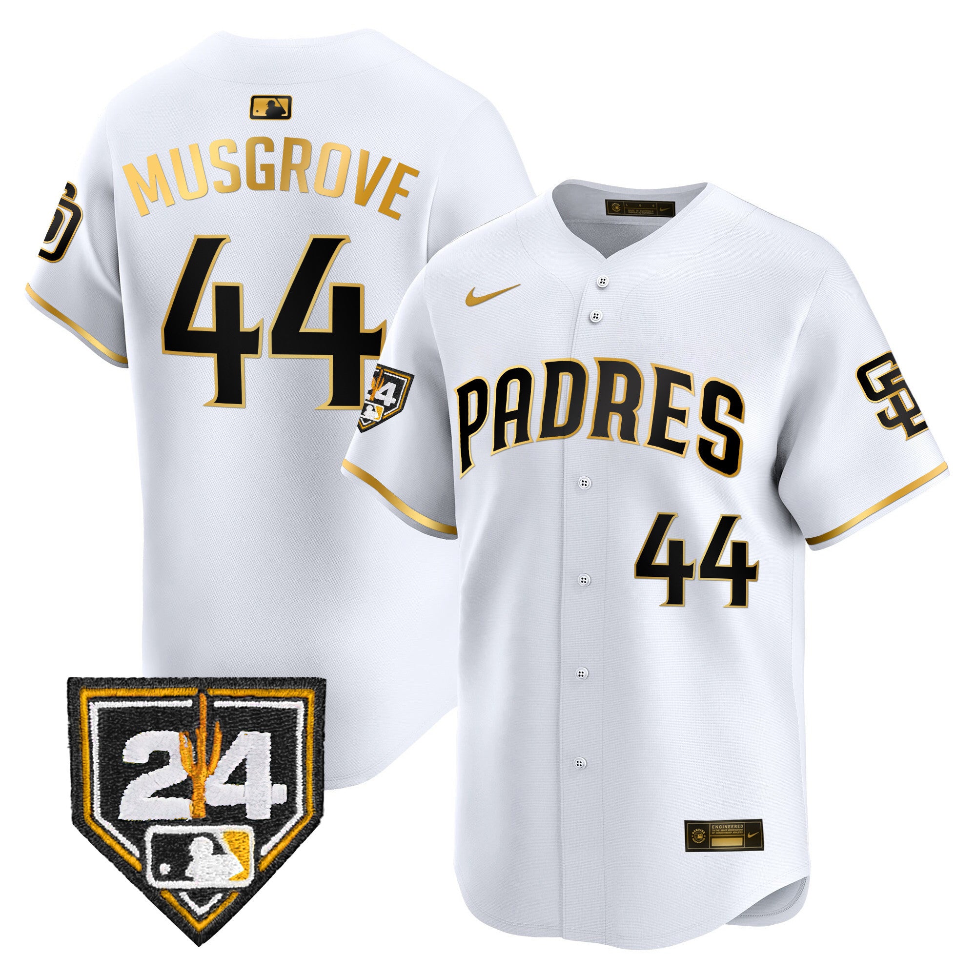 Men's Padres 2024 Spring Training Patch Vapor Premier Limited Jersey - All Stitched - White Gold, Joe Musgrove