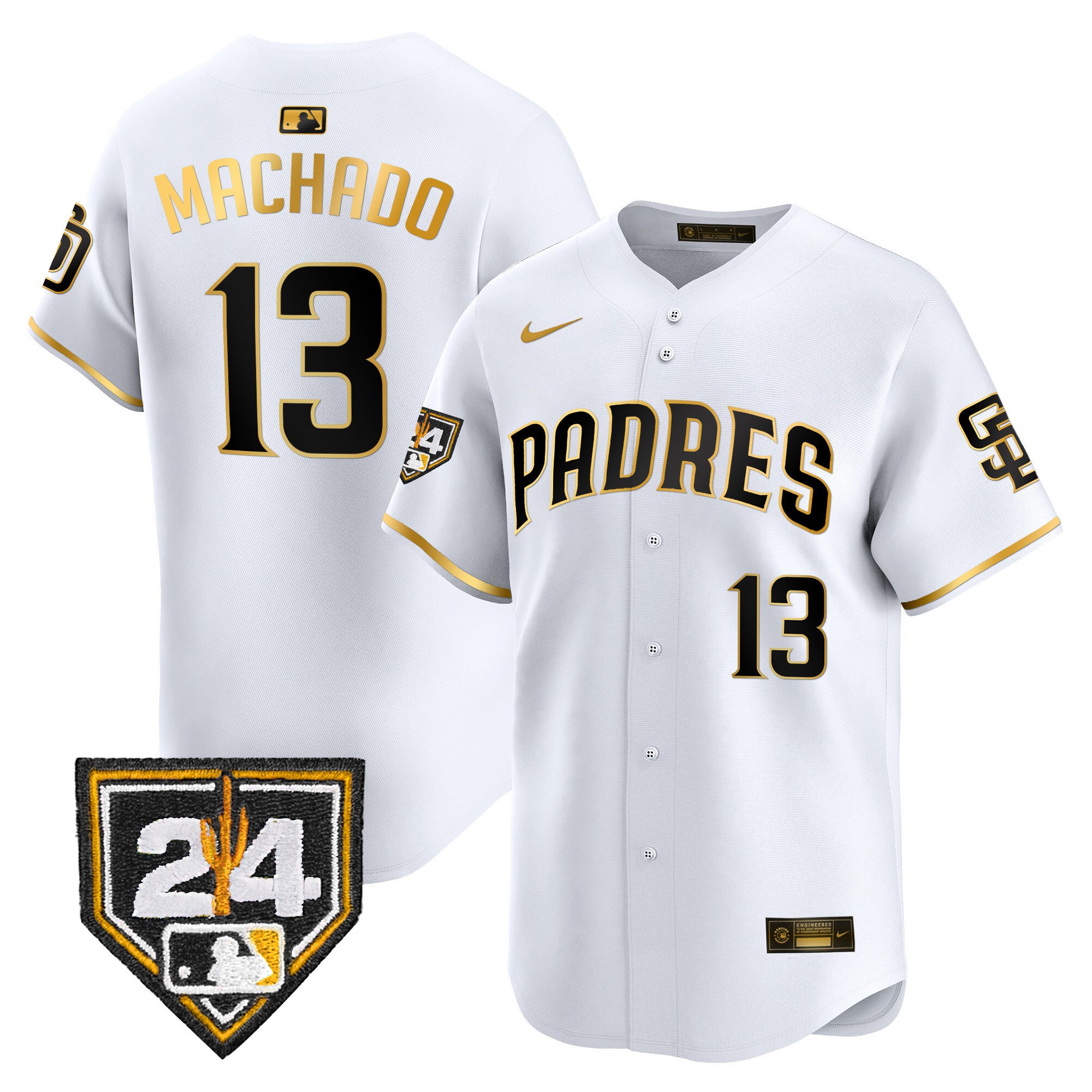 Men's Padres 2024 Spring Training Patch Vapor Premier Limited Jersey - All Stitched - White Gold, Manny Machado