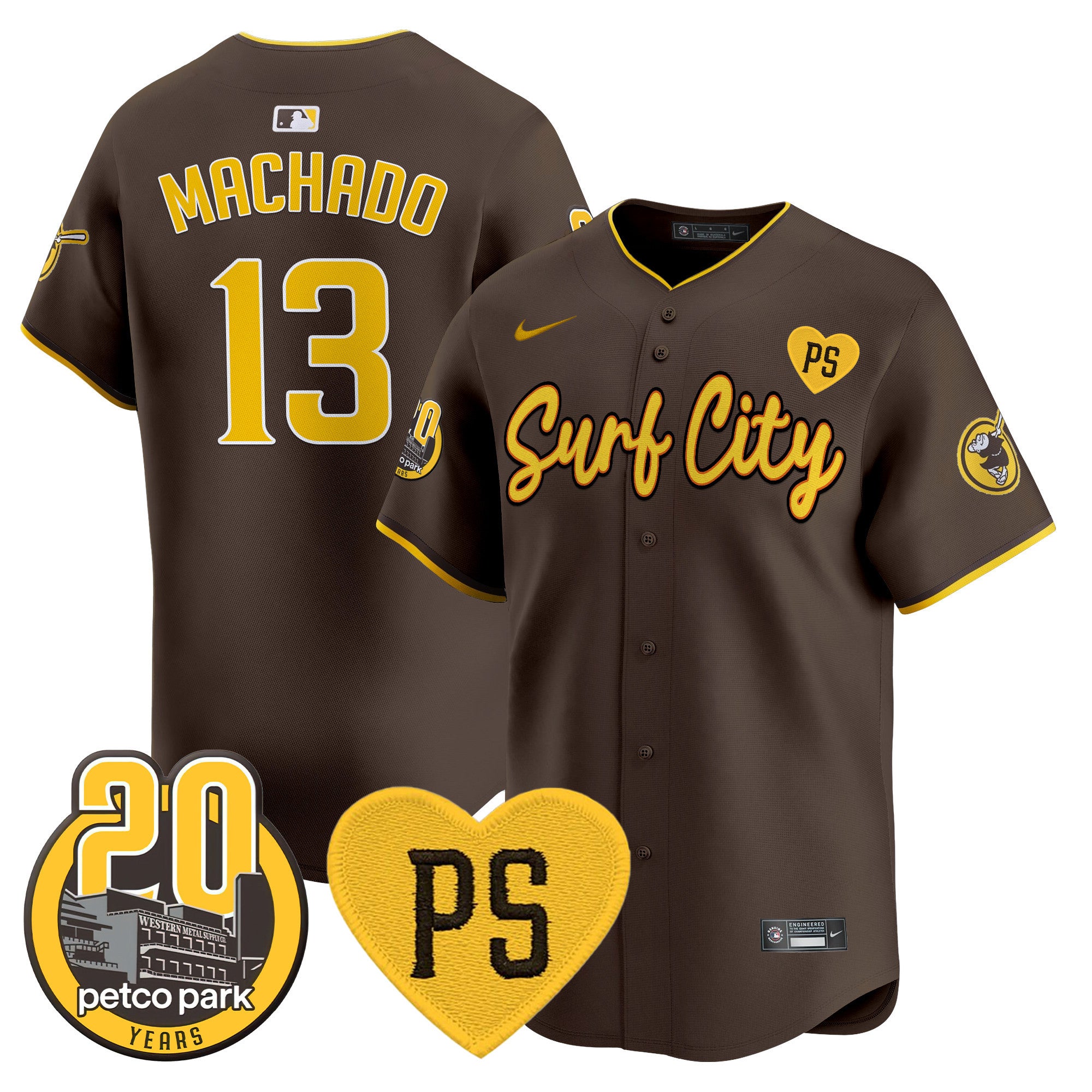Men's Padres “For Peter” & Petco Park 20th Patch Vapor Premier Limited Jersey V3 - All Stitched - Brown, Manny Machado
