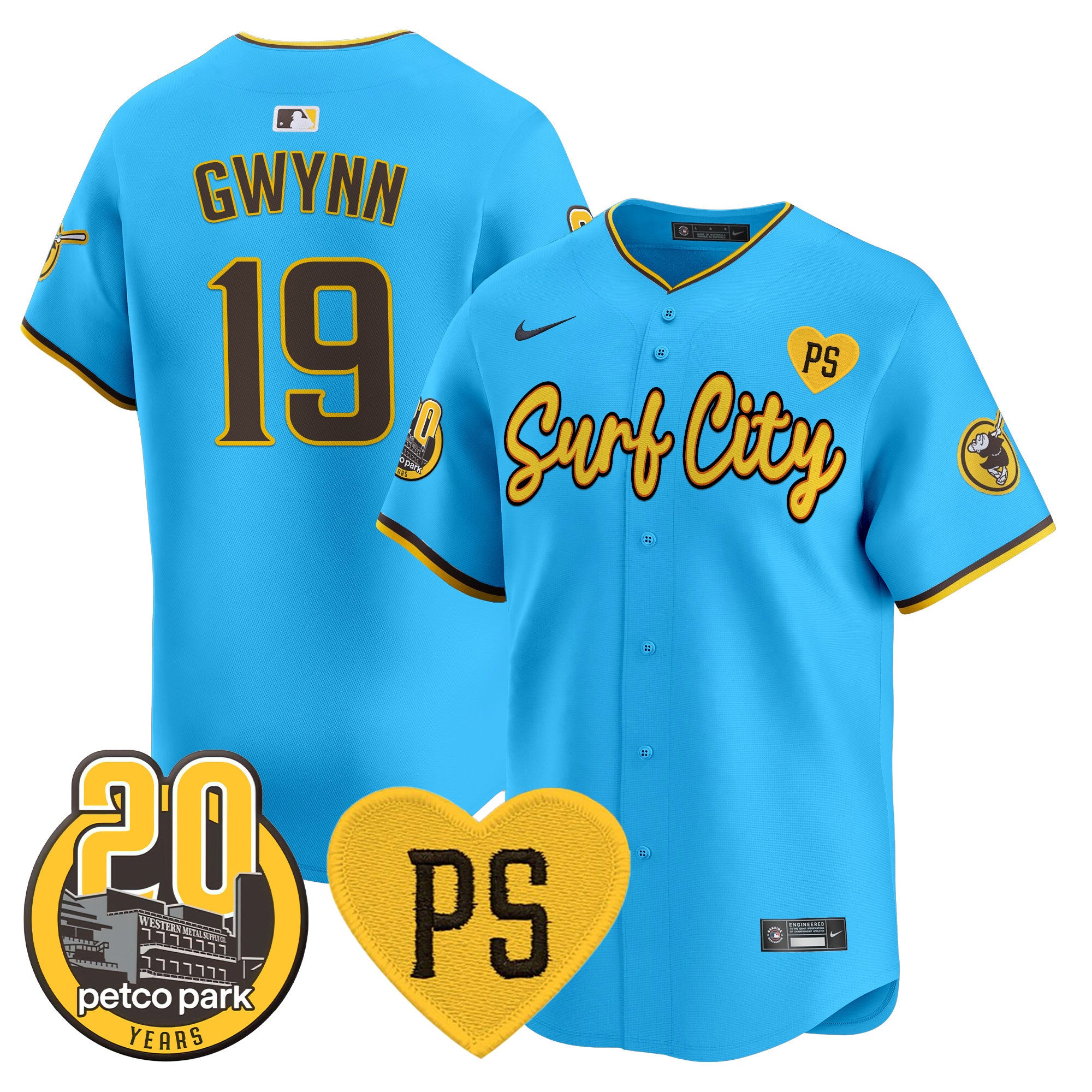Men's Padres “For Peter” & Petco Park 20th Patch Vapor Premier Limited Jersey V3 - All Stitched - Light Blue, Tony Gwynn
