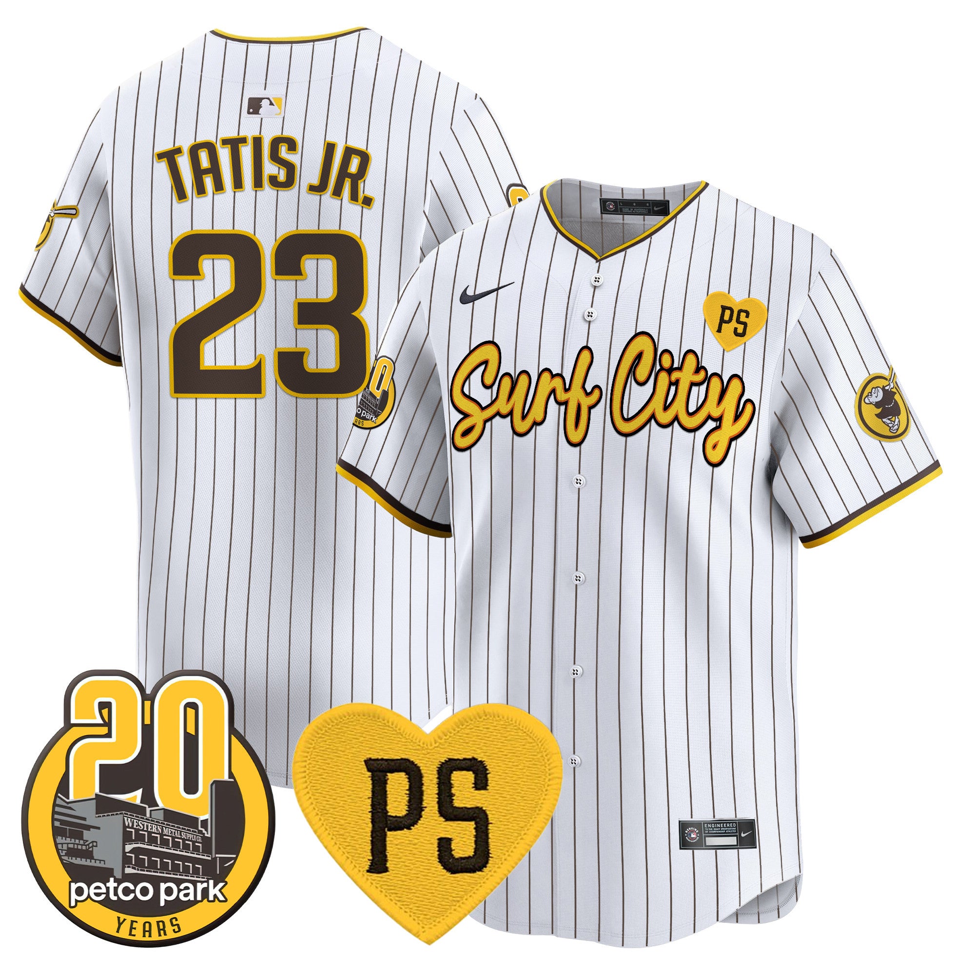 Men's Padres “For Peter” & Petco Park 20th Patch Vapor Premier Limited Jersey V3 - All Stitched - Pinstripe, Fernando Tatis Jr.
