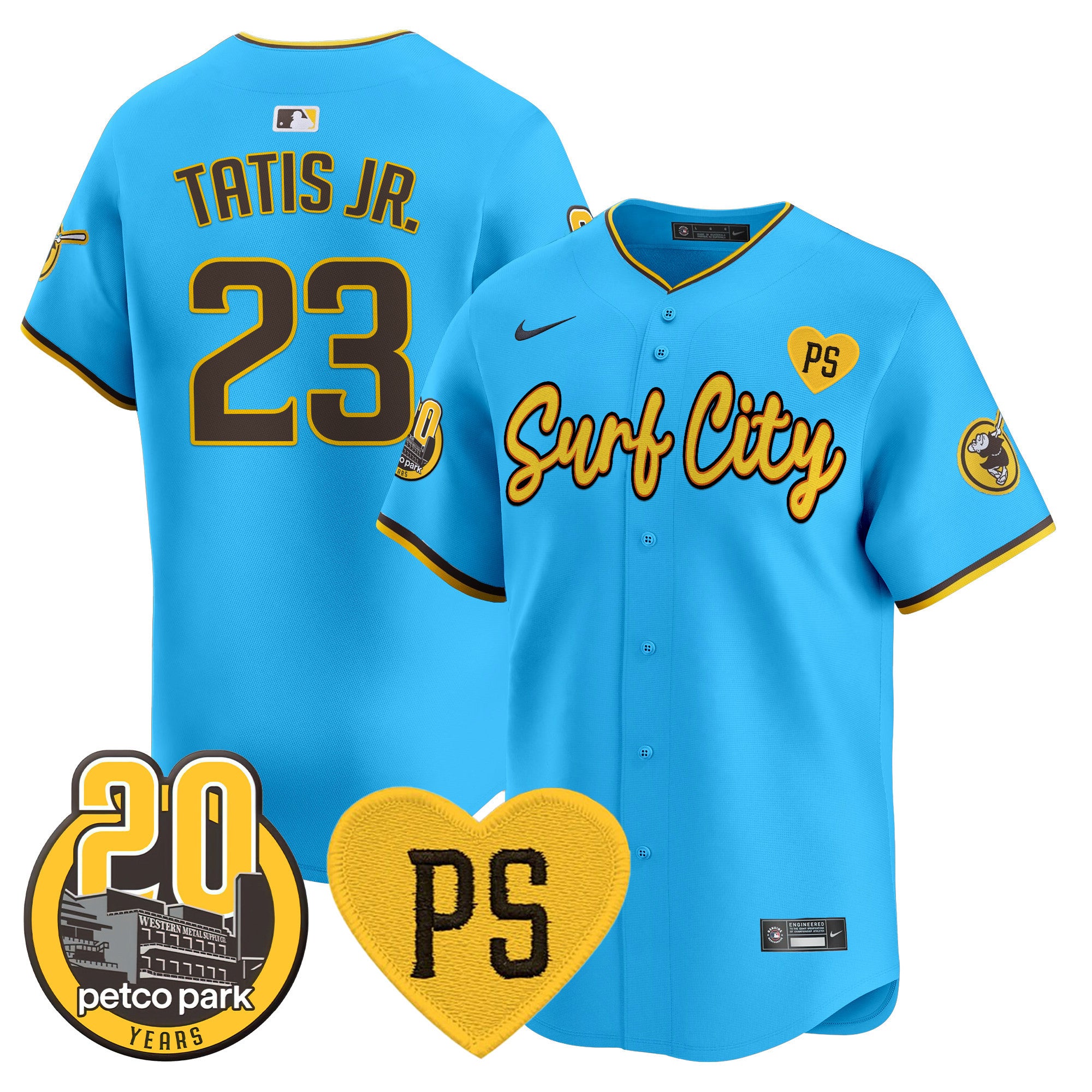 Men's Padres “For Peter” & Petco Park 20th Patch Vapor Premier Limited Jersey V3 - All Stitched - Light Blue, Fernando Tatis Jr.