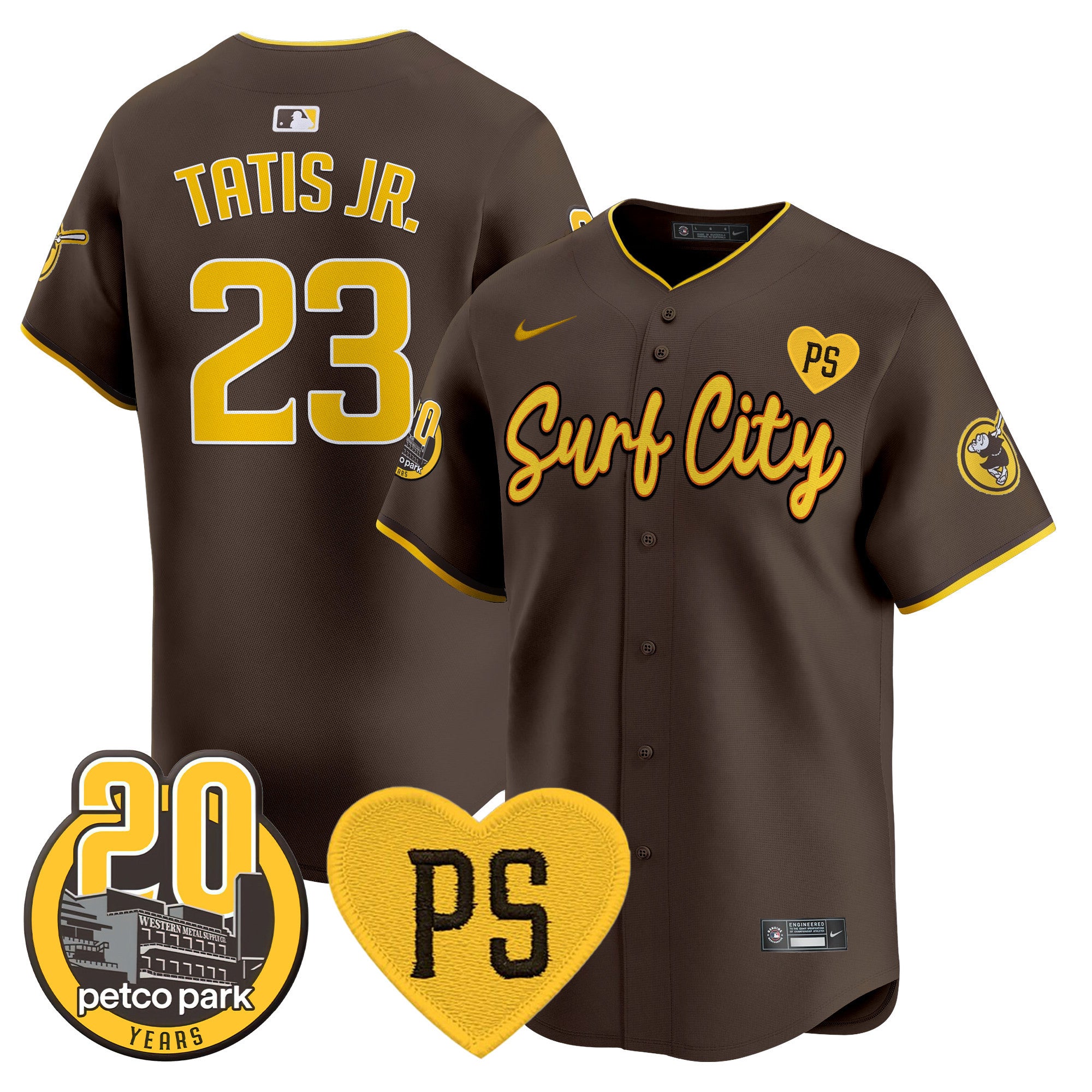 Men's Padres “For Peter” & Petco Park 20th Patch Vapor Premier Limited Jersey V3 - All Stitched - Brown, Fernando Tatis Jr.