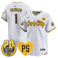 Men's Padres “For Peter” & Petco Park 20th Patch Vapor Premier Limited Jersey V3 - All Stitched - Pinstripe, Peter Seidler