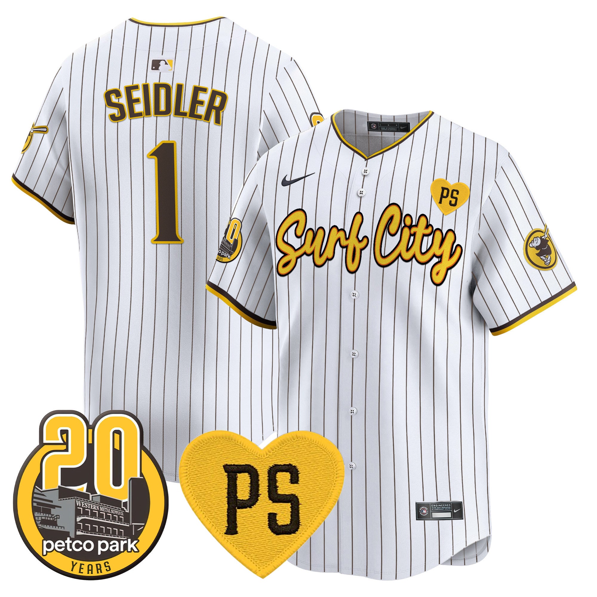 Men's Padres “For Peter” & Petco Park 20th Patch Vapor Premier Limited Jersey V3 - All Stitched - Pinstripe, Peter Seidler