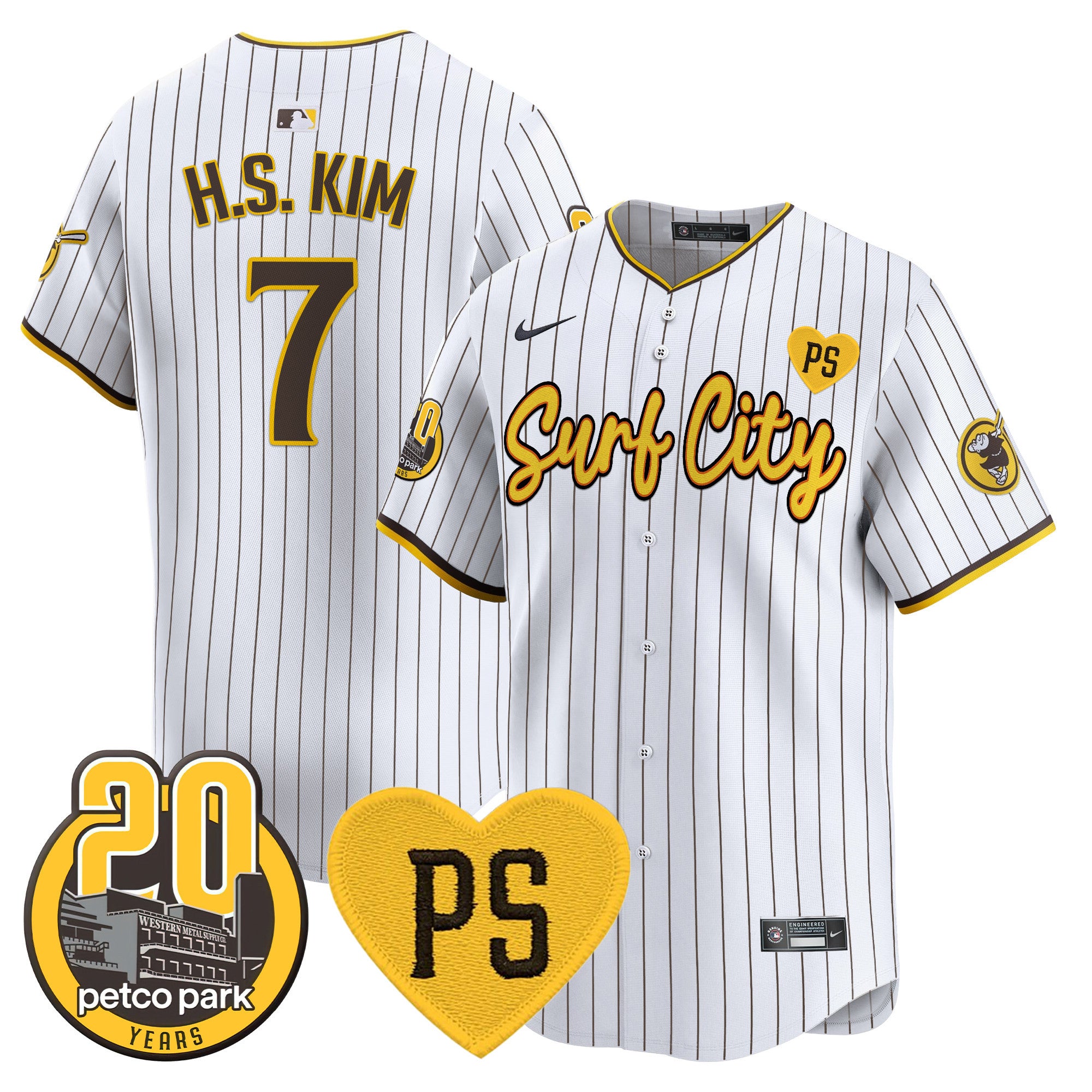 Men's Padres “For Peter” & Petco Park 20th Patch Vapor Premier Limited Jersey V3 - All Stitched - Pinstripe, Ha-Seong Kim