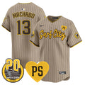 Men's Padres “For Peter” & Petco Park 20th Patch Vapor Premier Limited Jersey V3 - All Stitched - Tan, Manny Machado