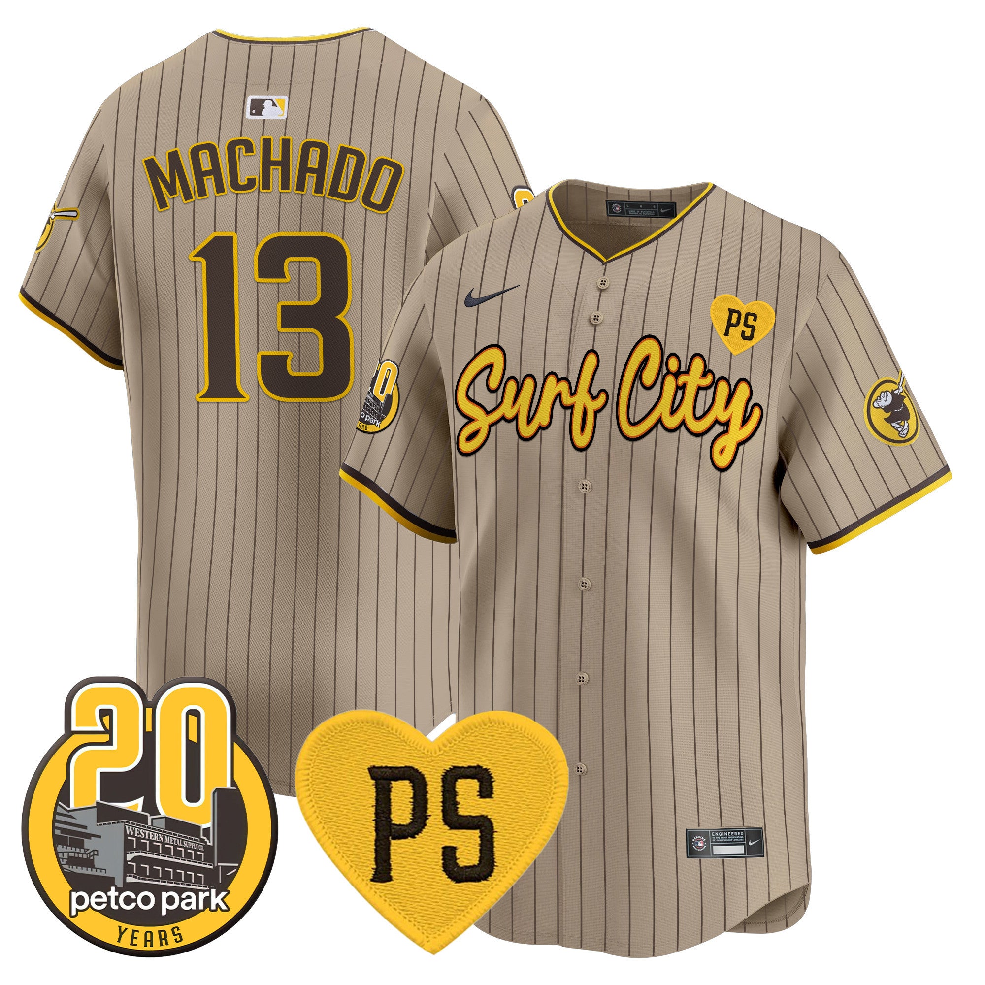 Men's Padres “For Peter” & Petco Park 20th Patch Vapor Premier Limited Jersey V3 - All Stitched - Tan, Manny Machado
