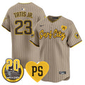 Men's Padres “For Peter” & Petco Park 20th Patch Vapor Premier Limited Jersey V3 - All Stitched - Tan, Fernando Tatis Jr.