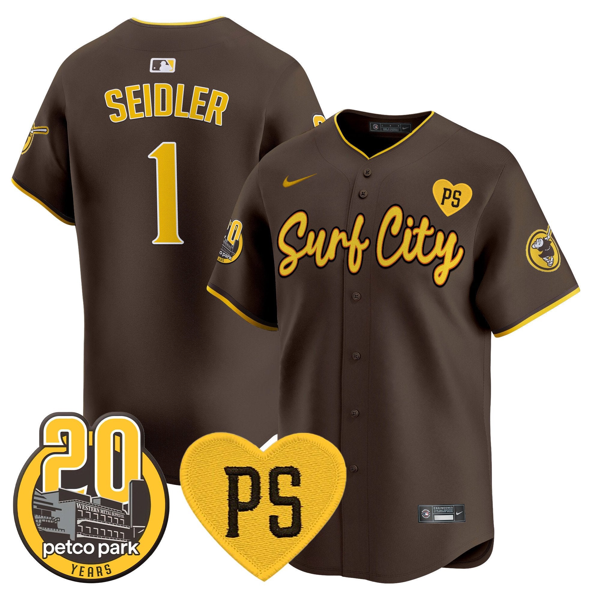 Men's Padres “For Peter” & Petco Park 20th Patch Vapor Premier Limited Jersey V3 - All Stitched - Brown, Peter Seidler