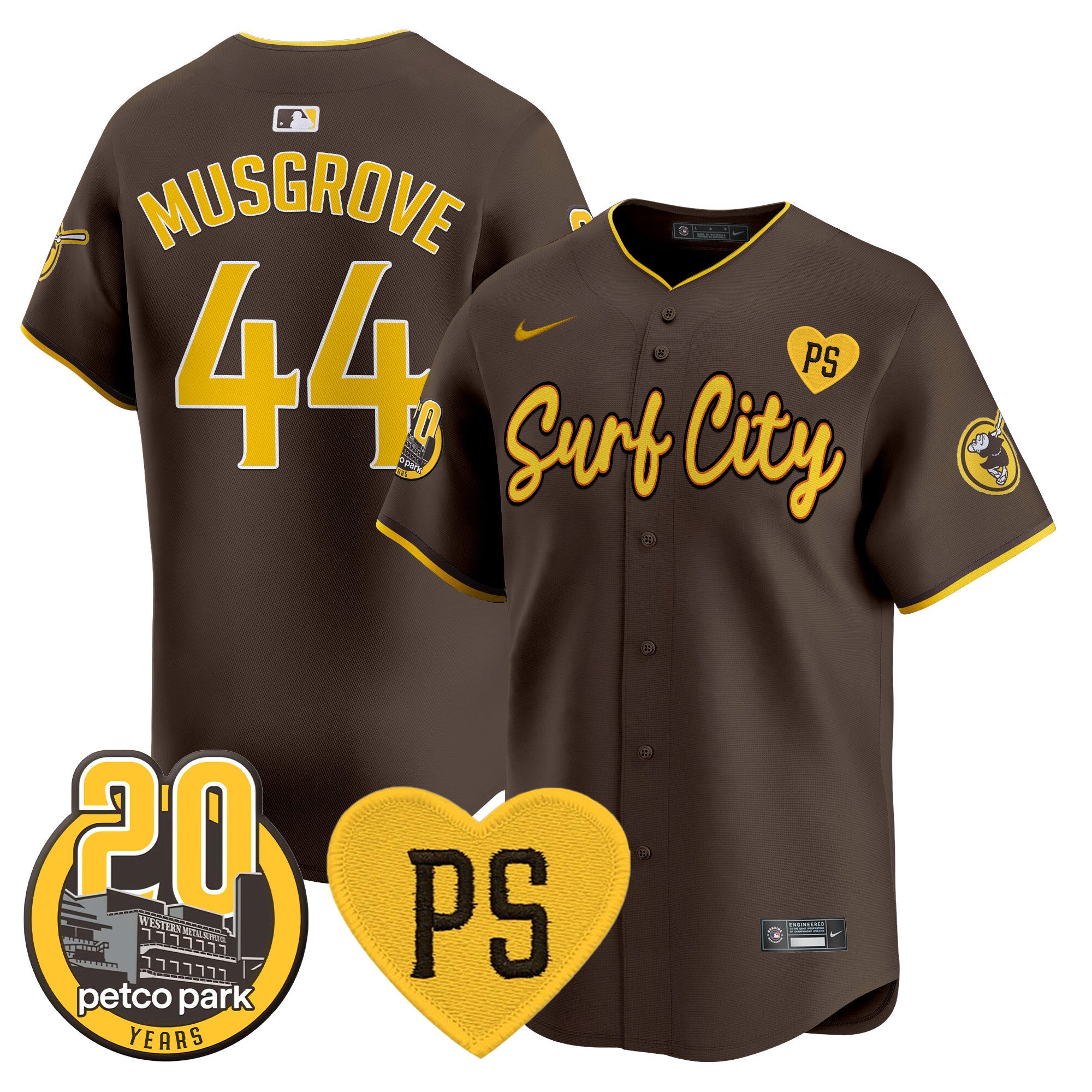Men's Padres “For Peter” & Petco Park 20th Patch Vapor Premier Limited Jersey V3 - All Stitched - Brown, Joe Musgrove