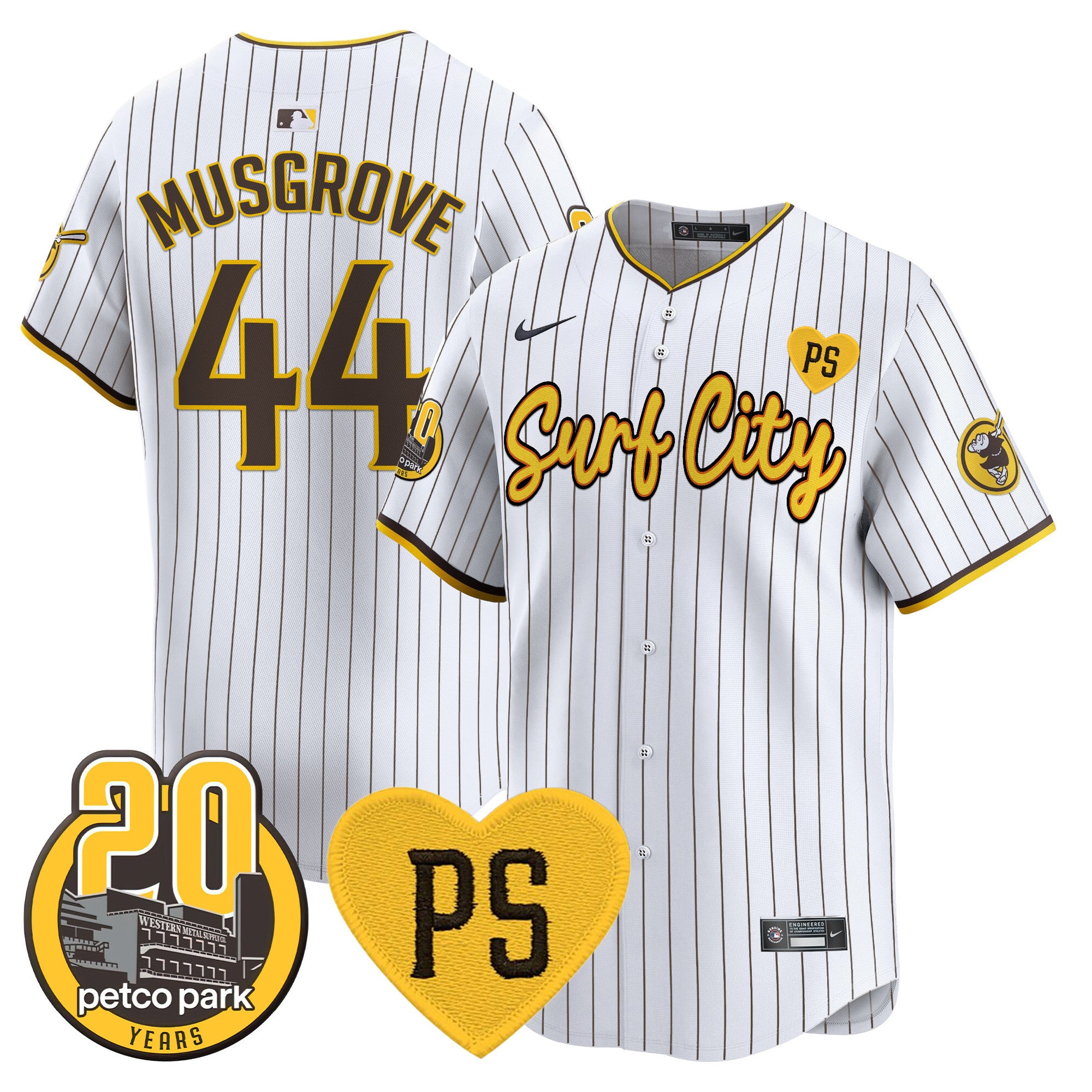 Men's Padres “For Peter” & Petco Park 20th Patch Vapor Premier Limited Jersey V3 - All Stitched - Pinstripe, Joe Musgrove