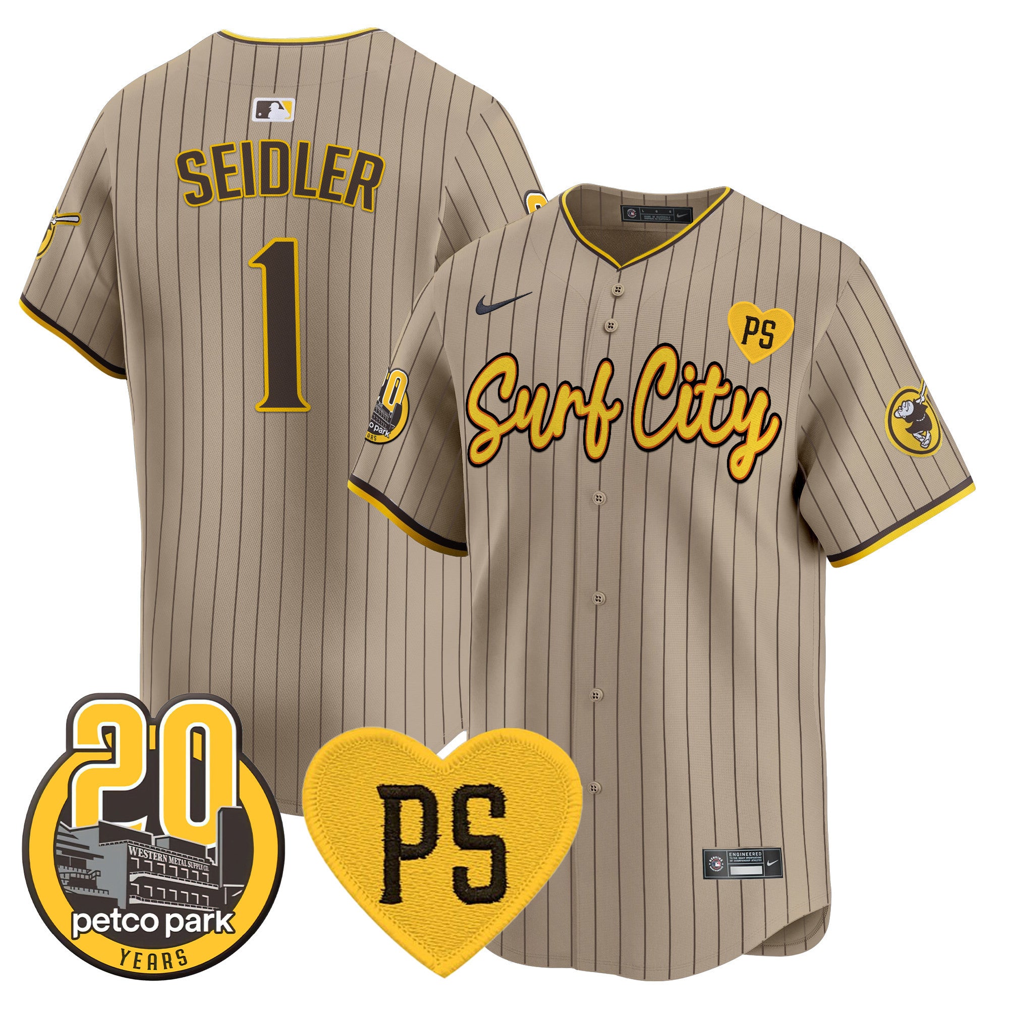 Men's Padres “For Peter” & Petco Park 20th Patch Vapor Premier Limited Jersey V3 - All Stitched - Tan, Peter Seidler