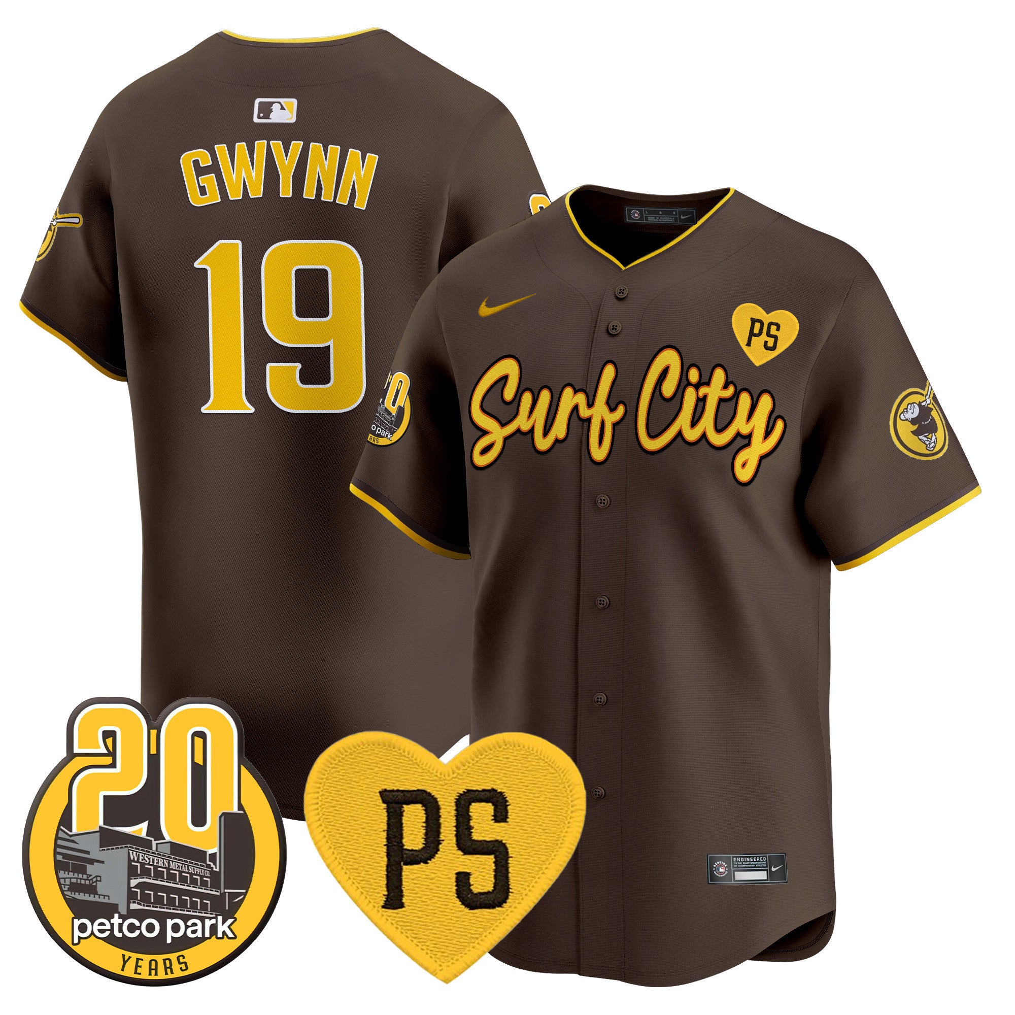 Men's Padres “For Peter” & Petco Park 20th Patch Vapor Premier Limited Jersey V3 - All Stitched - Brown, Tony Gwynn
