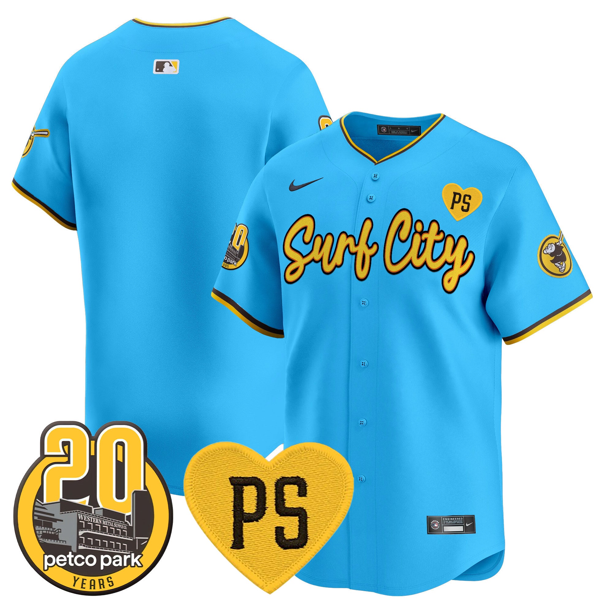 Men's Padres “For Peter” & Petco Park 20th Patch Vapor Premier Limited Jersey V3 - All Stitched - Light Blue, Team