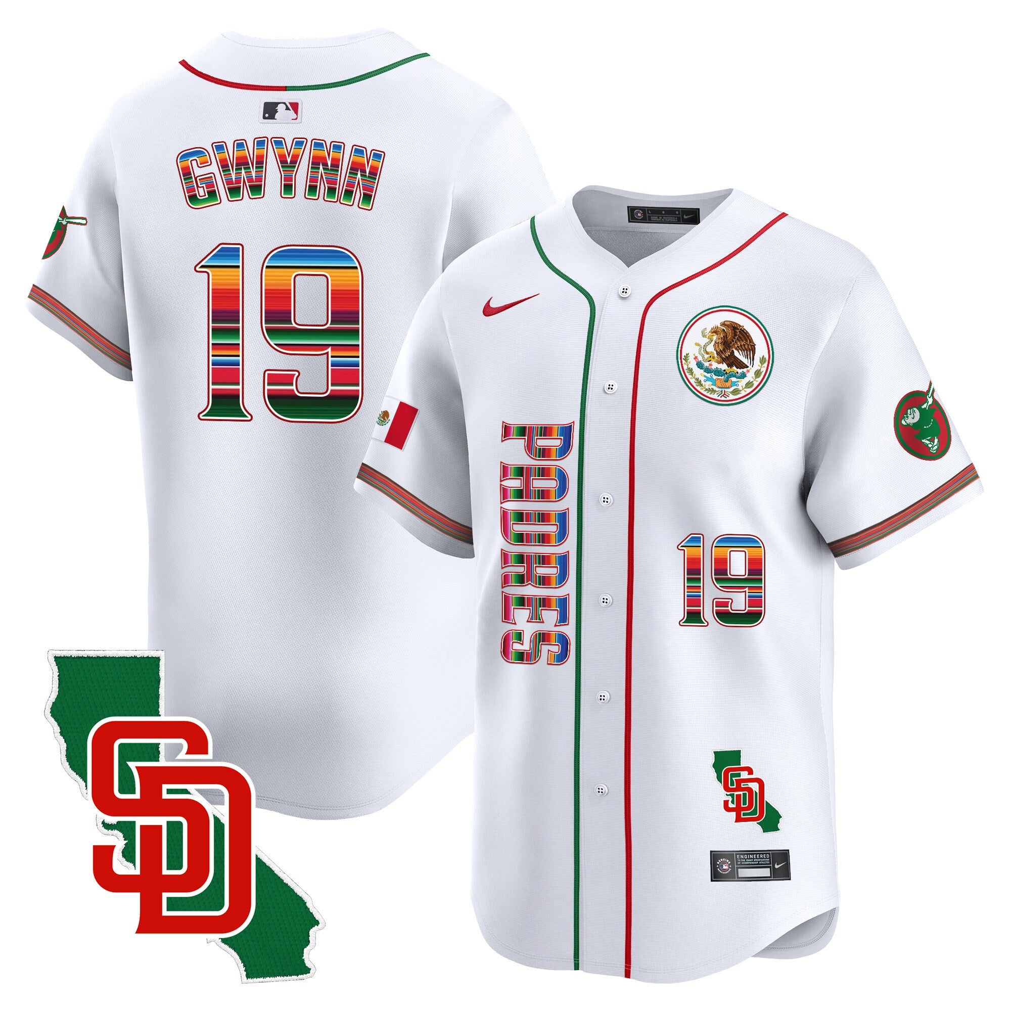 Men's Padres Mexico California Patch Vapor Premier Limited Jersey V2 - All Stitched - White, Tony Gwynn