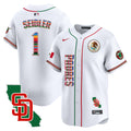 Men's Padres Mexico California Patch Vapor Premier Limited Jersey V2 - All Stitched - White, Peter Seidler