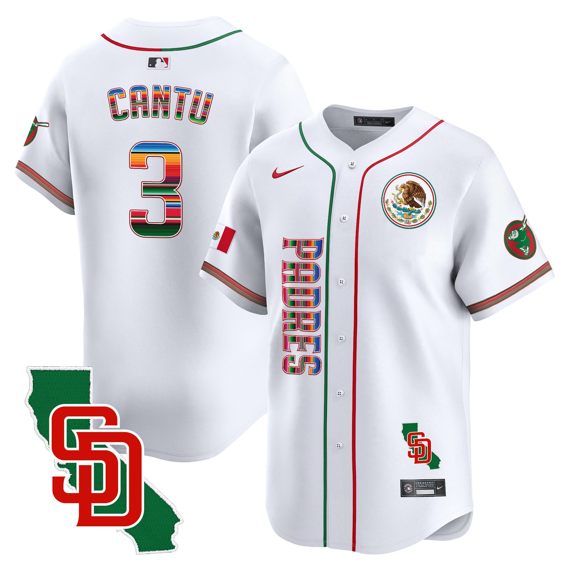 Men's Padres Mexico California Patch Vapor Premier Limited Jersey V2 - All Stitched - White, Jorge Cantu