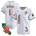 Men's Padres Mexico California Patch Vapor Premier Limited Jersey V2 - All Stitched - Pinstripe, Peter Seidler