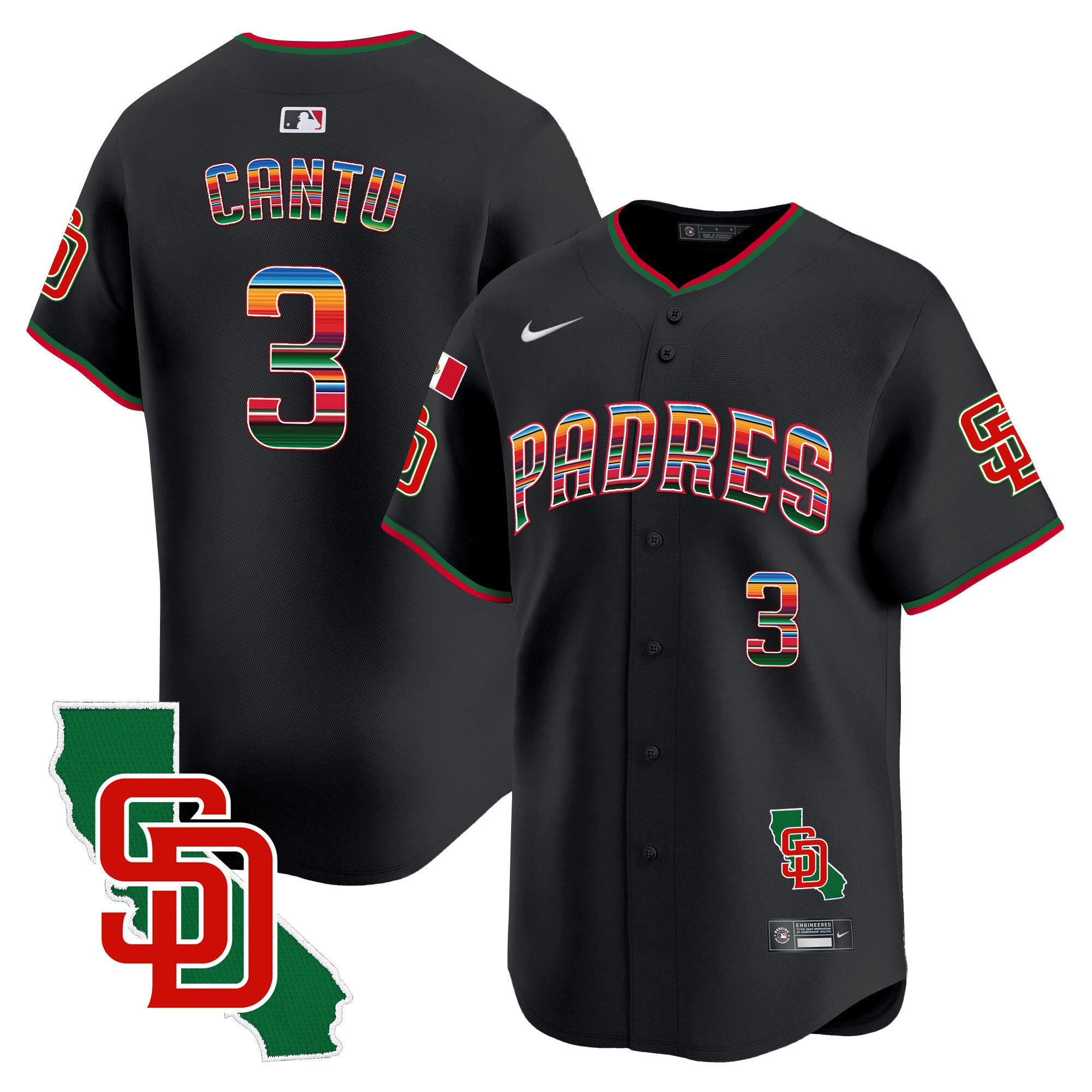 Men's Padres Mexico California Patch Vapor Premier Limited Jersey V3 - All Stitched - Black, Jorge Cantu