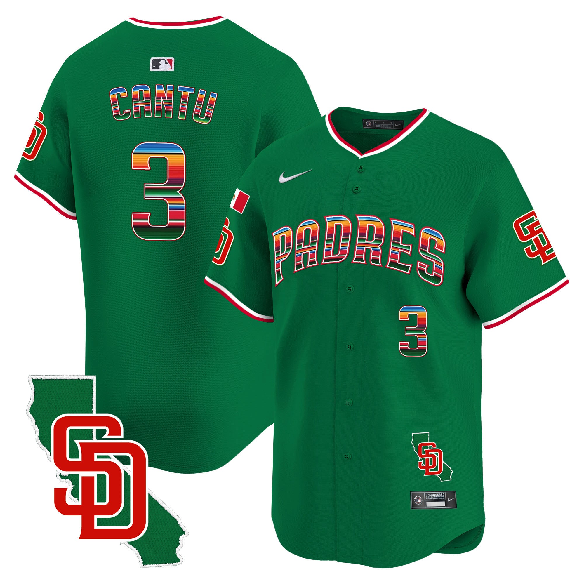 Men's Padres Mexico California Patch Vapor Premier Limited Jersey V3 - All Stitched - Green, Jorge Cantu