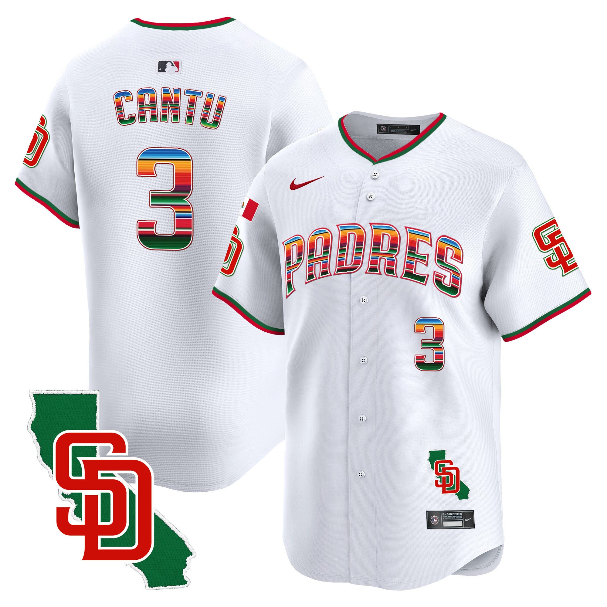 Men's Padres Mexico California Patch Vapor Premier Limited Jersey V3 - All Stitched - White, Jorge Cantu