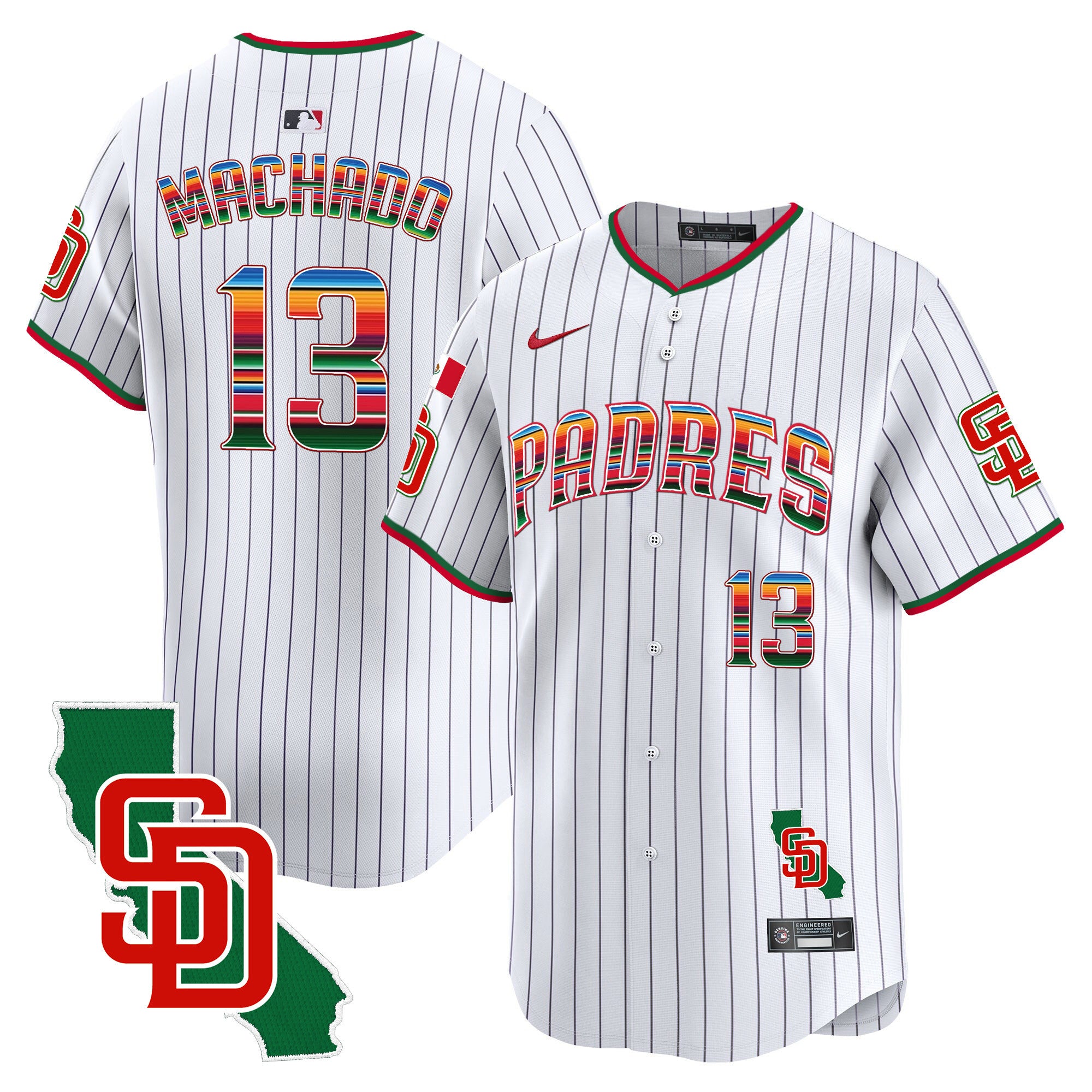 Men's Padres Mexico California Patch Vapor Premier Limited Jersey V3 - All Stitched - Pinstripe, Manny Machado