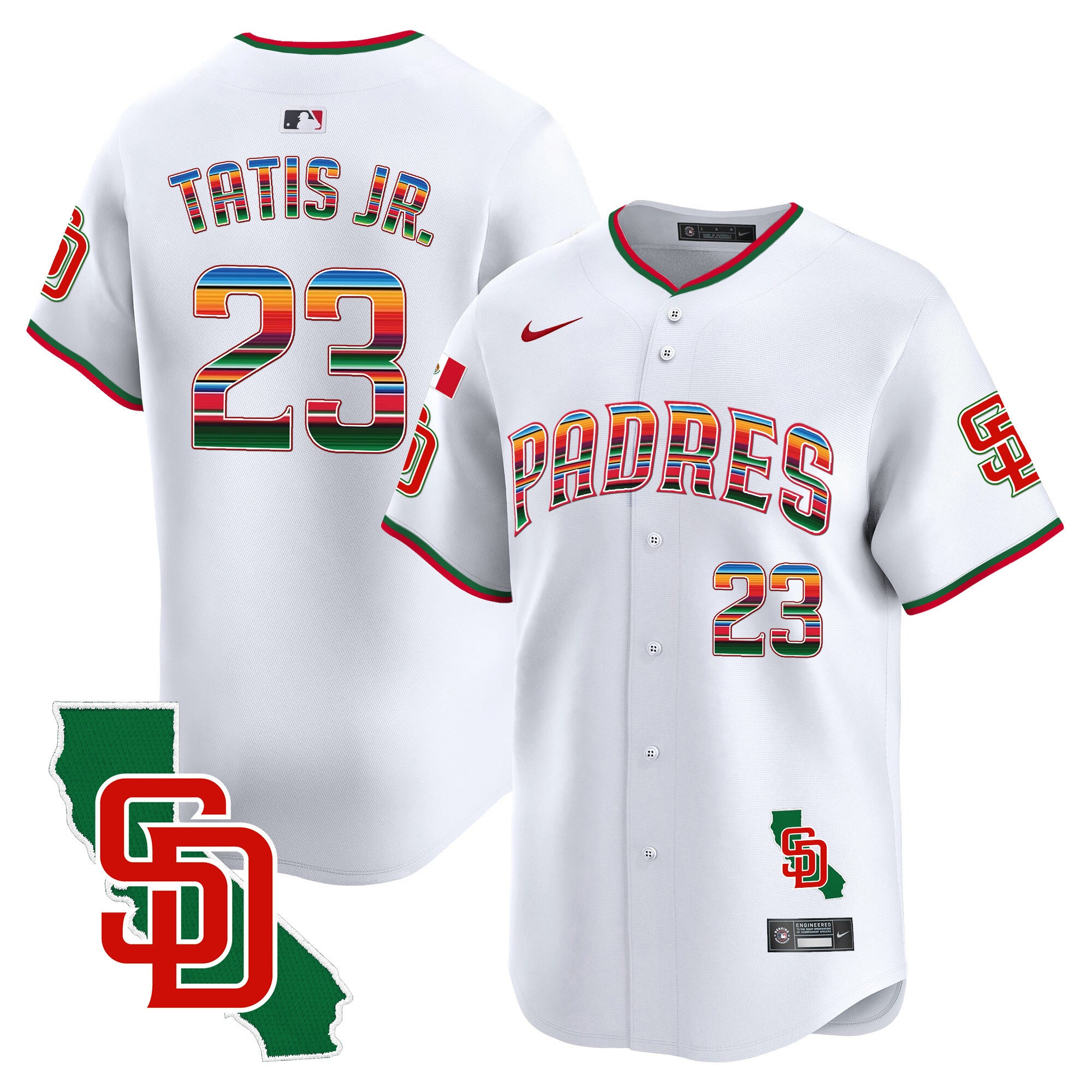 Men's Padres Mexico California Patch Vapor Premier Limited Jersey V3 - All Stitched - White, Fernando Tatis Jr.