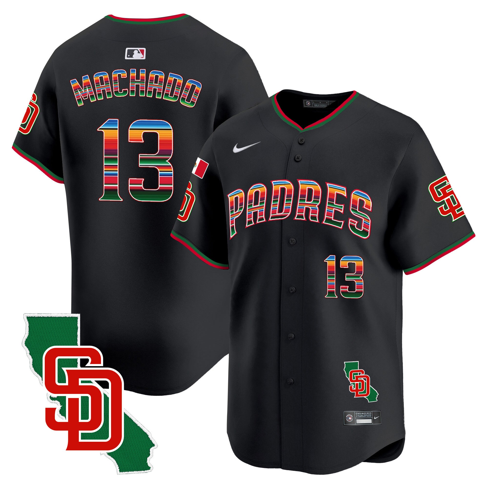 Men's Padres Mexico California Patch Vapor Premier Limited Jersey V3 - All Stitched - Black, Manny Machado