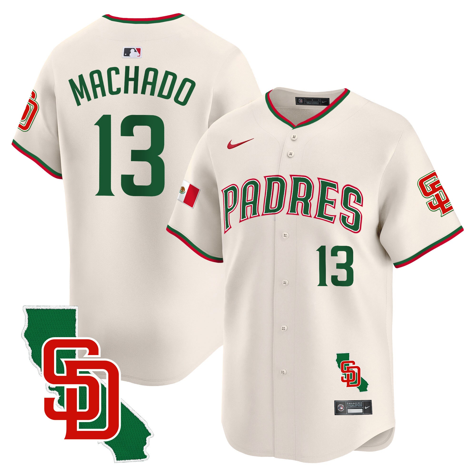 Men's Padres Mexico California Patch Vapor Premier Limited Jersey V5 - All Stitched - Cream, Manny Machado