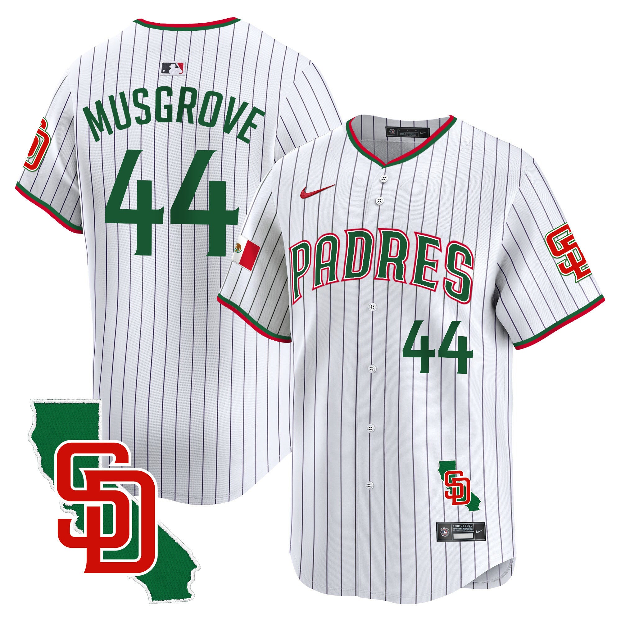 Men's Padres Mexico California Patch Vapor Premier Limited Jersey V5 - All Stitched - Pinstripe, Joe Musgrove