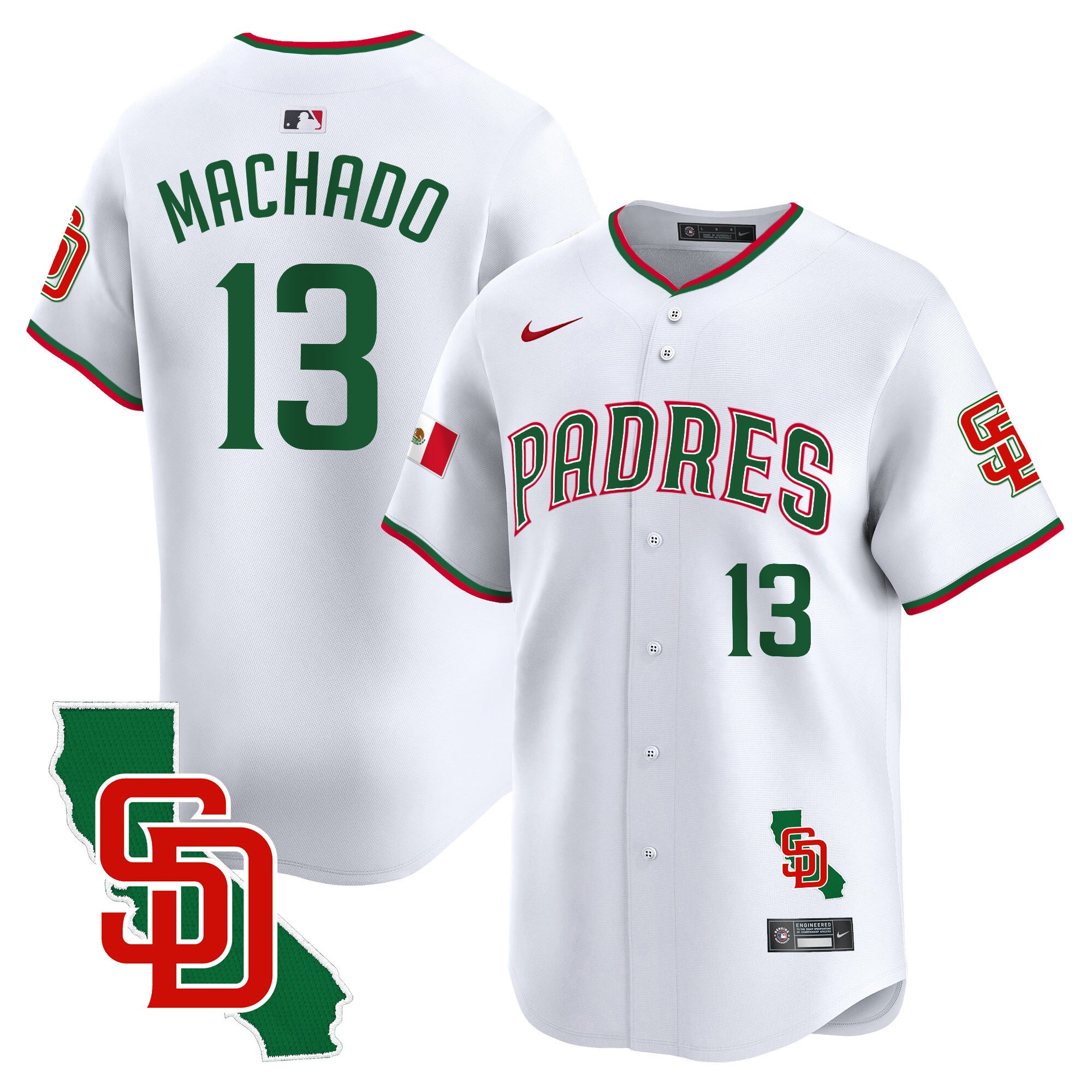 Men's Padres Mexico California Patch Vapor Premier Limited Jersey V5 - All Stitched - White, Manny Machado