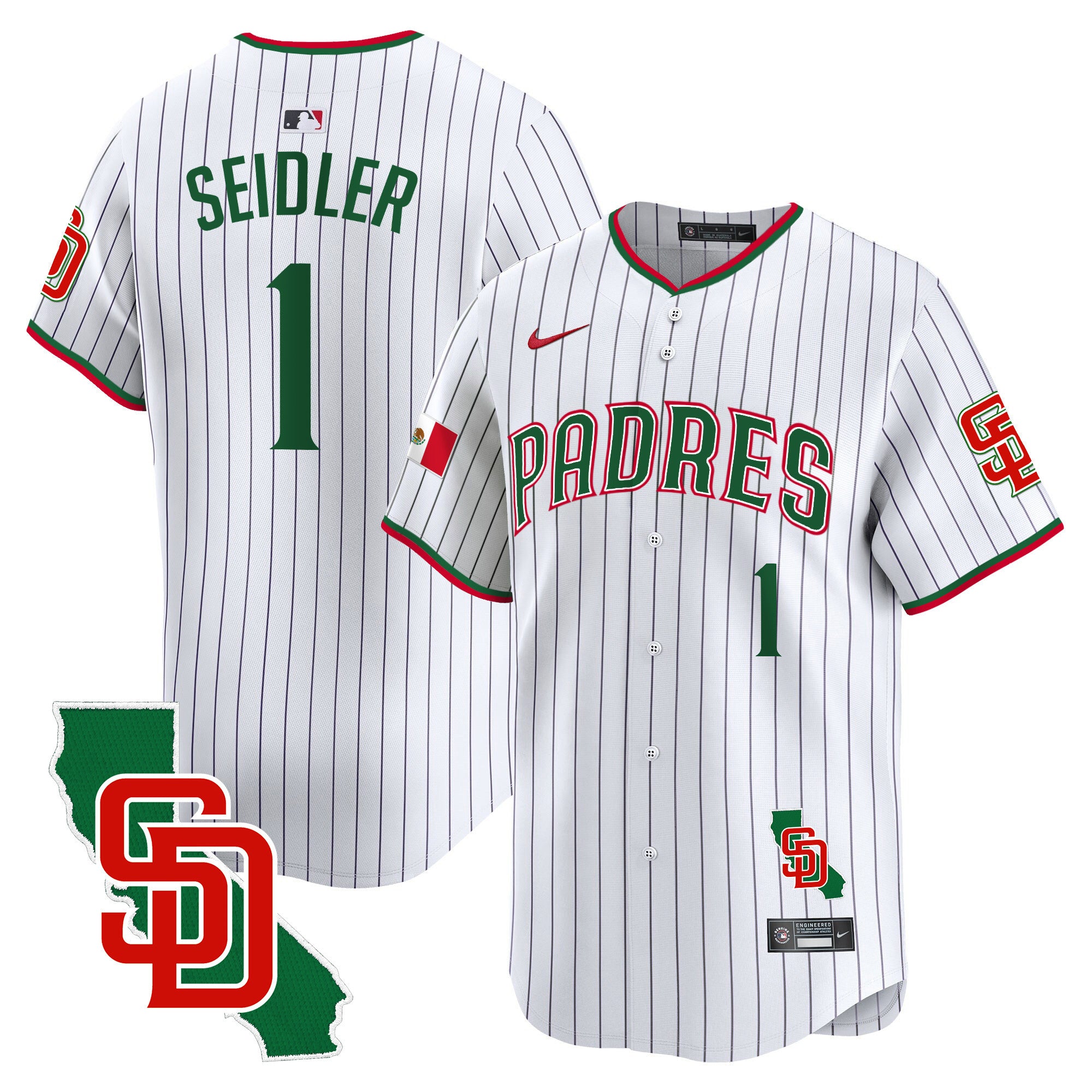 Men's Padres Mexico California Patch Vapor Premier Limited Jersey V5 - All Stitched - Pinstripe, Peter Seidler