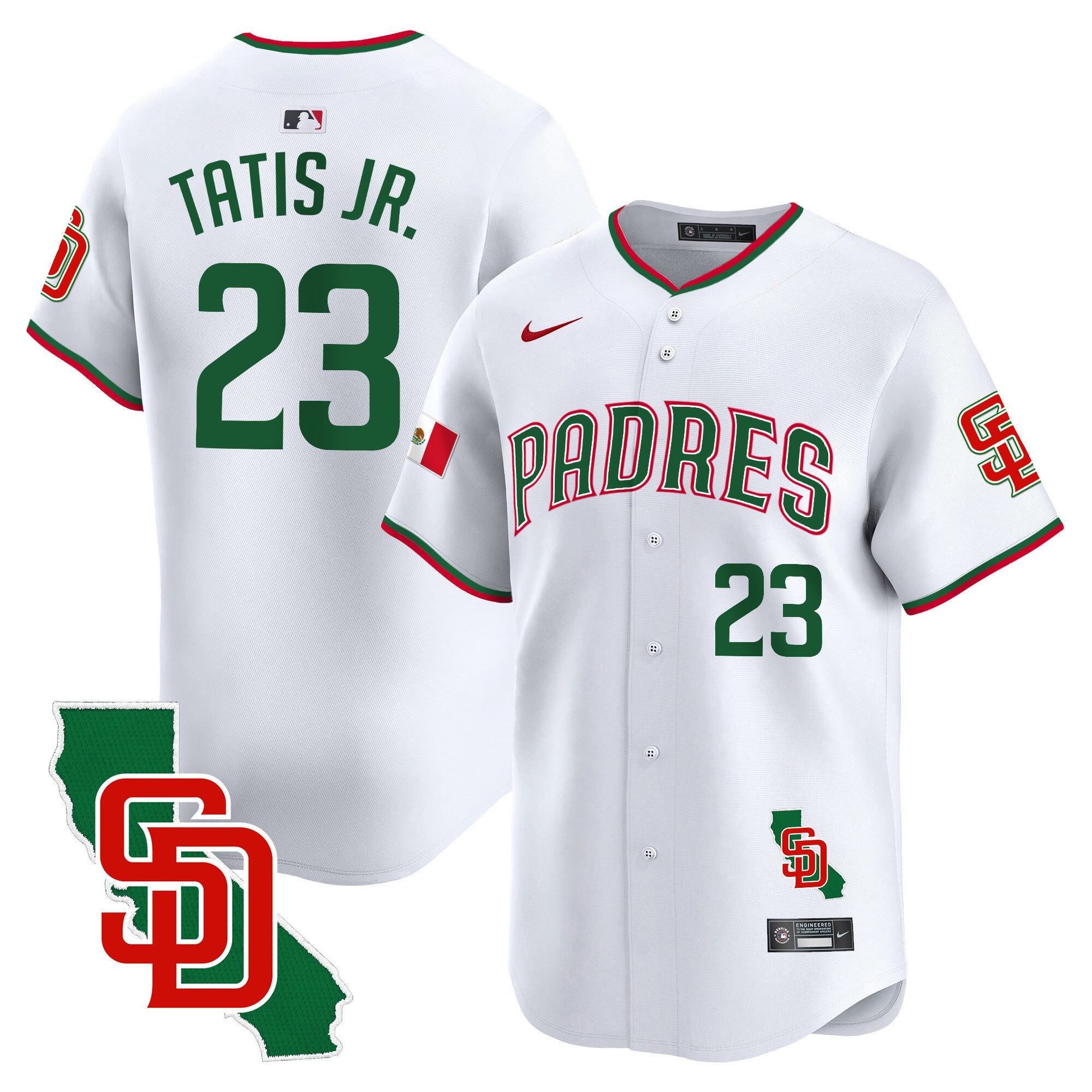 Men's Padres Mexico California Patch Vapor Premier Limited Jersey V5 - All Stitched - White, Fernando Tatis Jr.