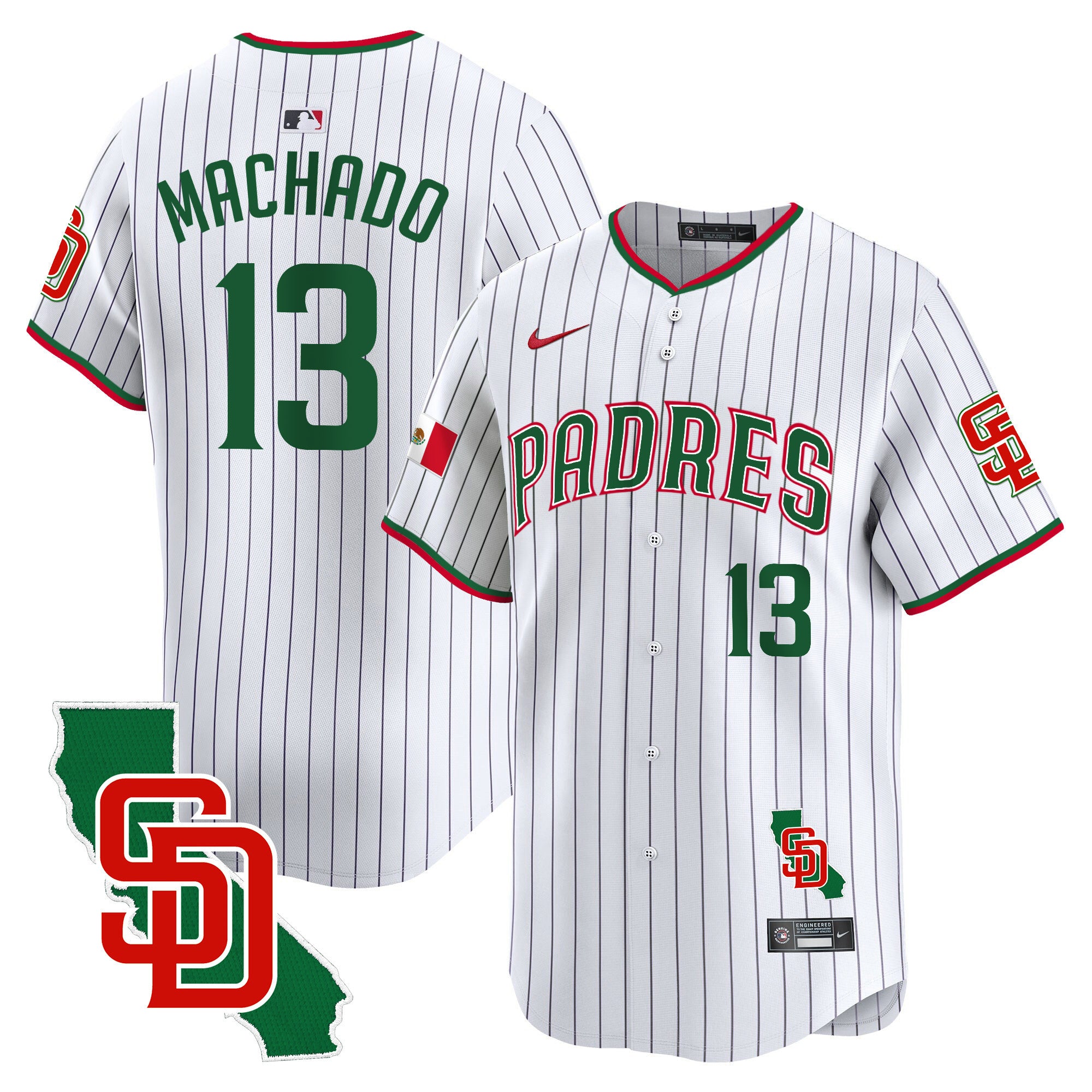 Men's Padres Mexico California Patch Vapor Premier Limited Jersey V5 - All Stitched - Pinstripe, Manny Machado