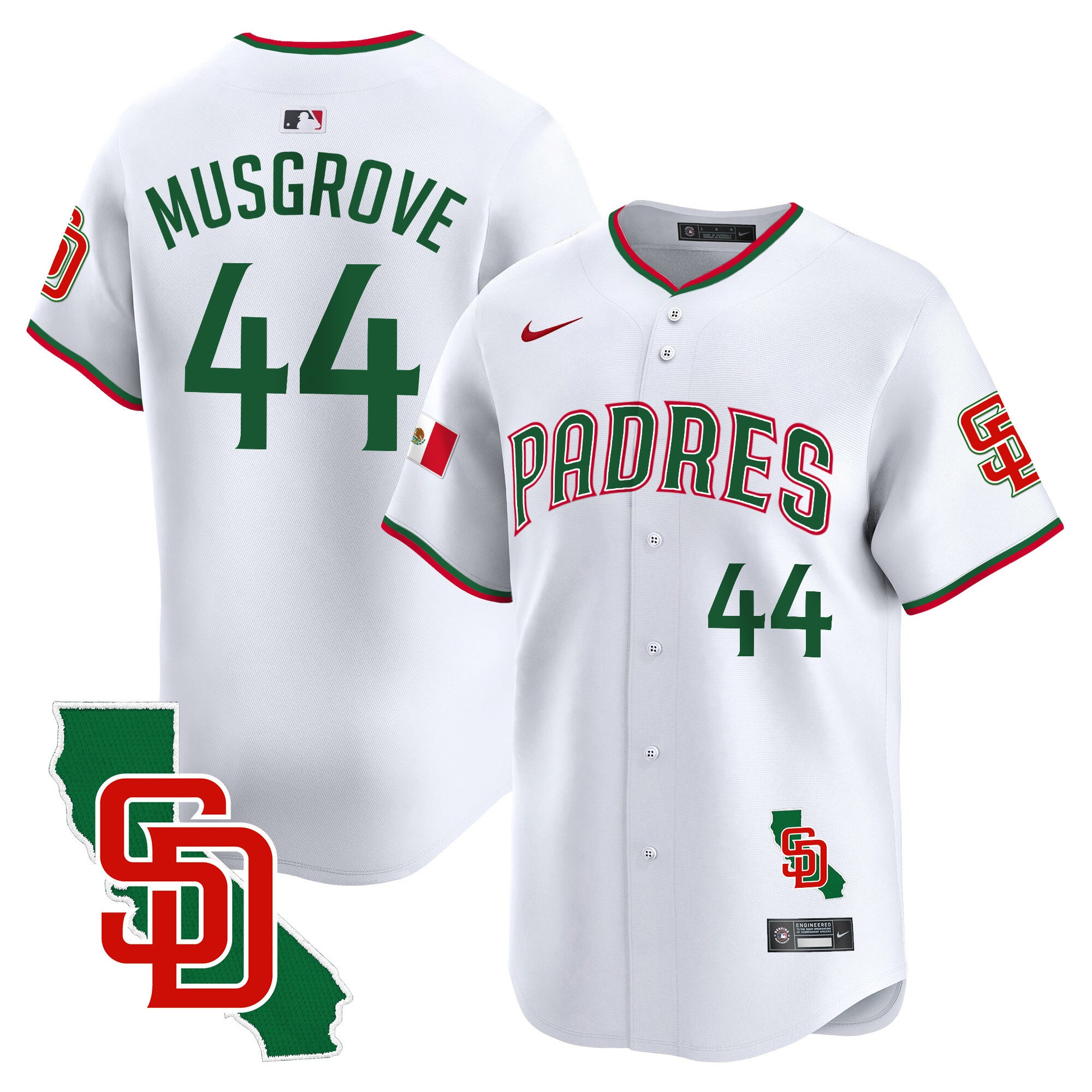 Men's Padres Mexico California Patch Vapor Premier Limited Jersey V5 - All Stitched - White, Joe Musgrove